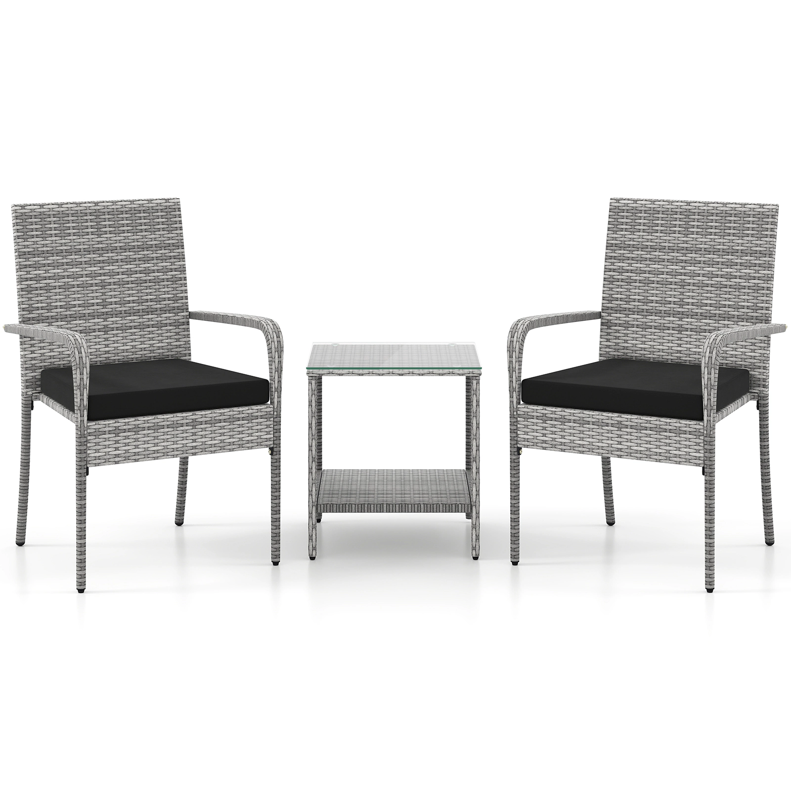 LJG 3 Piece Patio Furniture Set with Seat Cushions and Tempered Glass Tabletop for Balcony
