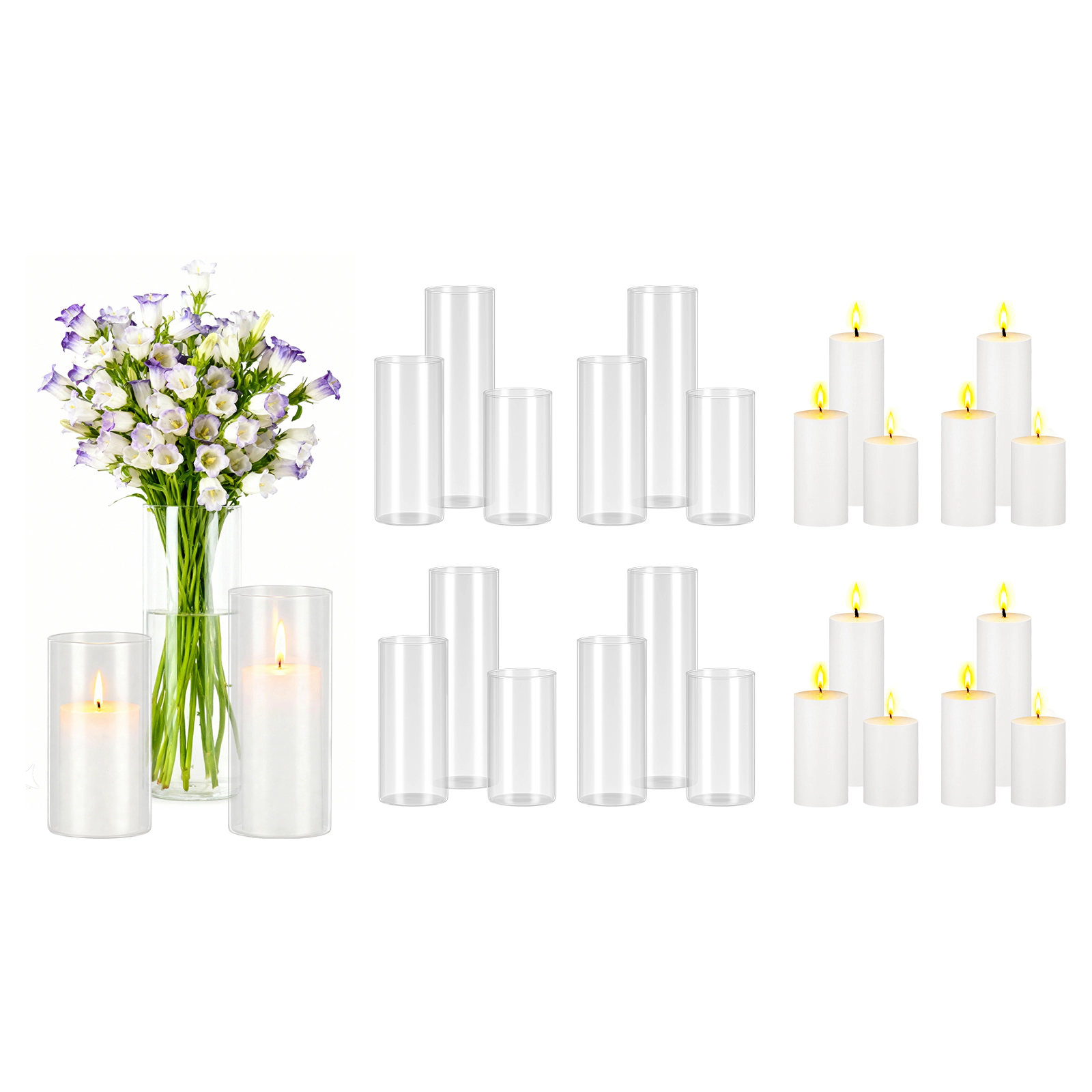 HONGGE Pillar Candles and Glass Vases Set Clear Cylinder Hurricane Candle Holders for Wedding Centerpieces Tall Vase