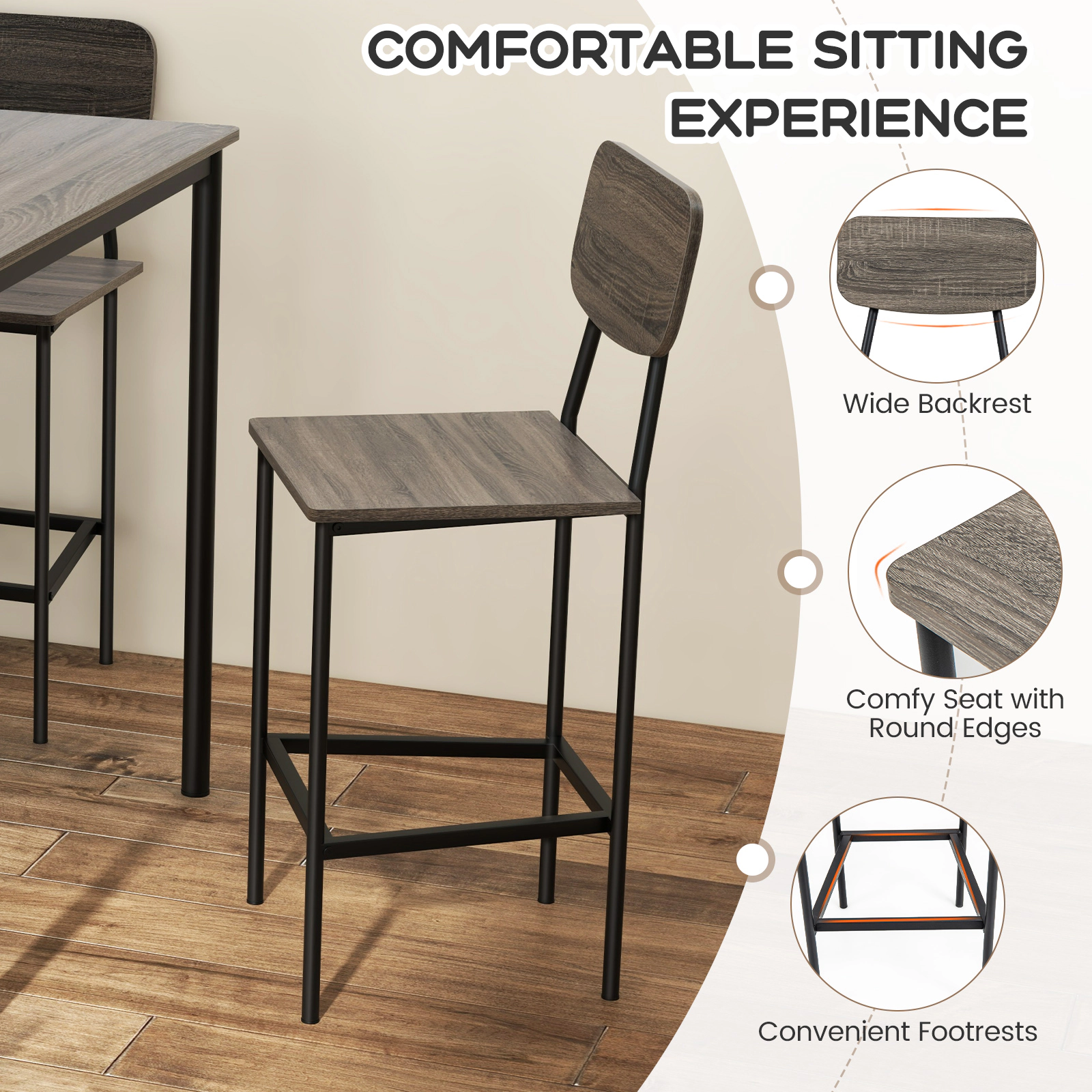 SUGIFT Gray 4 Backless Stools 36-in Square 5-Piece Counter Height Bar Table Set