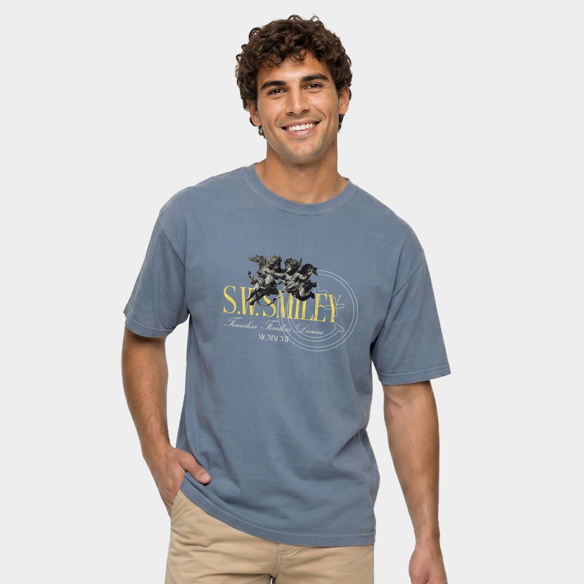 Simply Sage Market - Men's Garment Dyed Graphic T-Shirt S.W.Smiley Timeless Fearless Divine 2 Cherubs