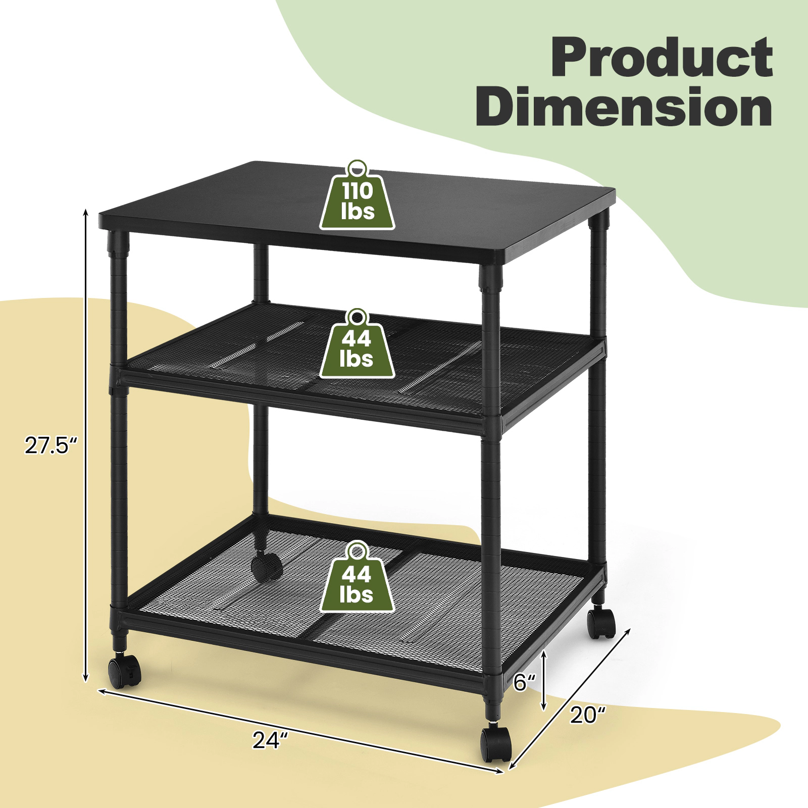 SUGIFT 3-Tier 110-lb Capacity Black Rolling Printer Stand Cart with Adjustable Shelf and Swivel Wheels