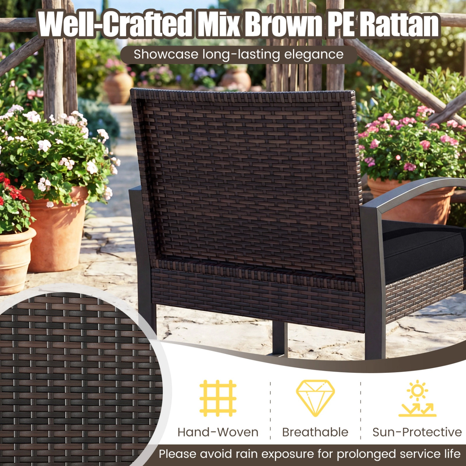 SUGIFT 5-Piece Black Rattan Patio Conversation Set with 2 Cushioned Chairs, 2 Ottomans and Glass Side Table