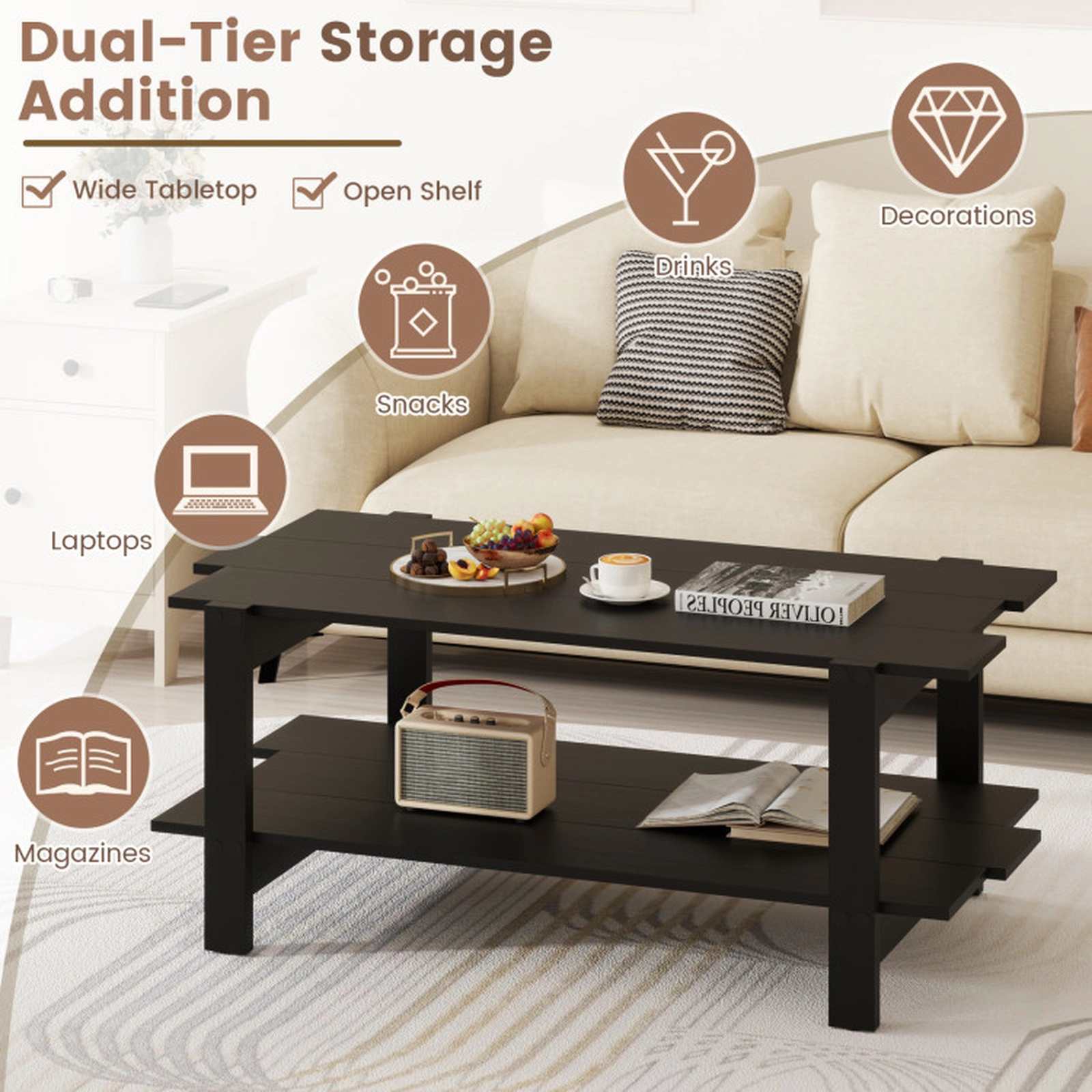 SUGIFT 2-Tier Slatted Wood Hidden Crossbar Open Storage Coffee Table 45-in x 23.5-in x 18.5-in 135-lb per Shelf Black