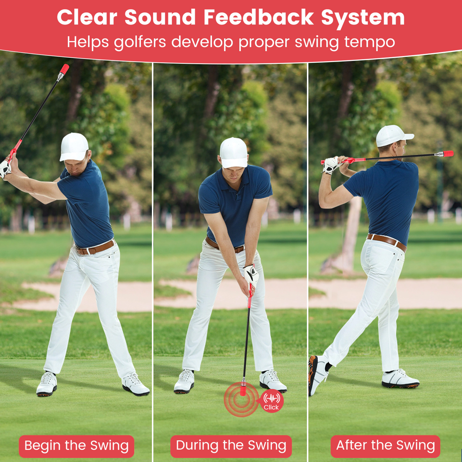 Golf Swing Trainer Click Stick Audible Tempo Feedback Weighted Metal Head Foam Headcover Right-Handed Red