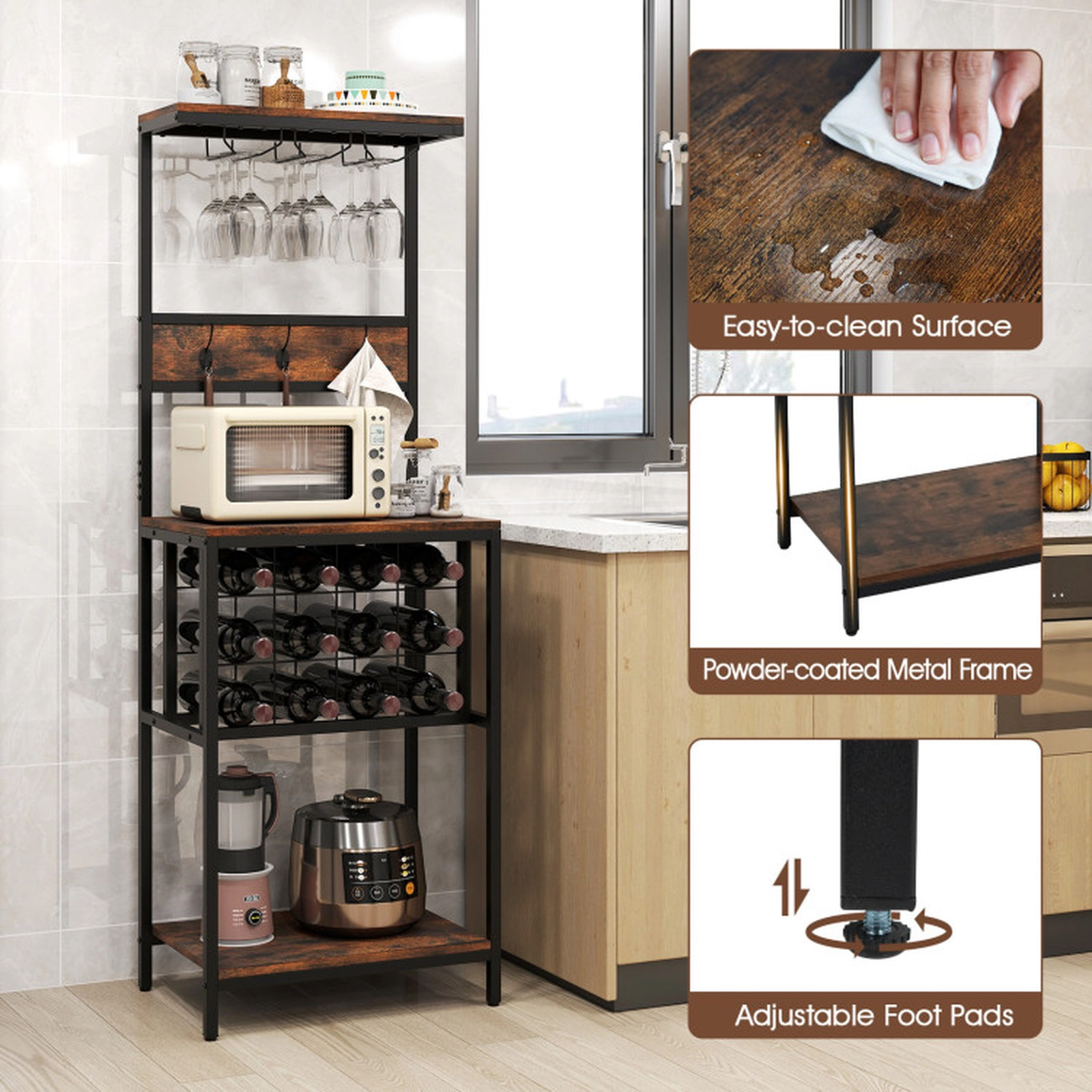 SUGIFT Freestanding Wine Bar Cabinet Rustic Brown with 12 Bottle Rack and Glass Racks