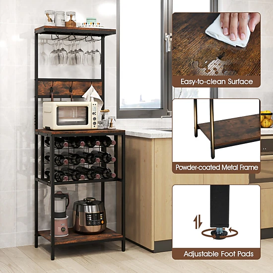 SUGIFT Rustic Brown Freestanding Wine Cabinet Bar with 12 Bottle Rack and Glass Racks 14.5-in W 61.5-in H