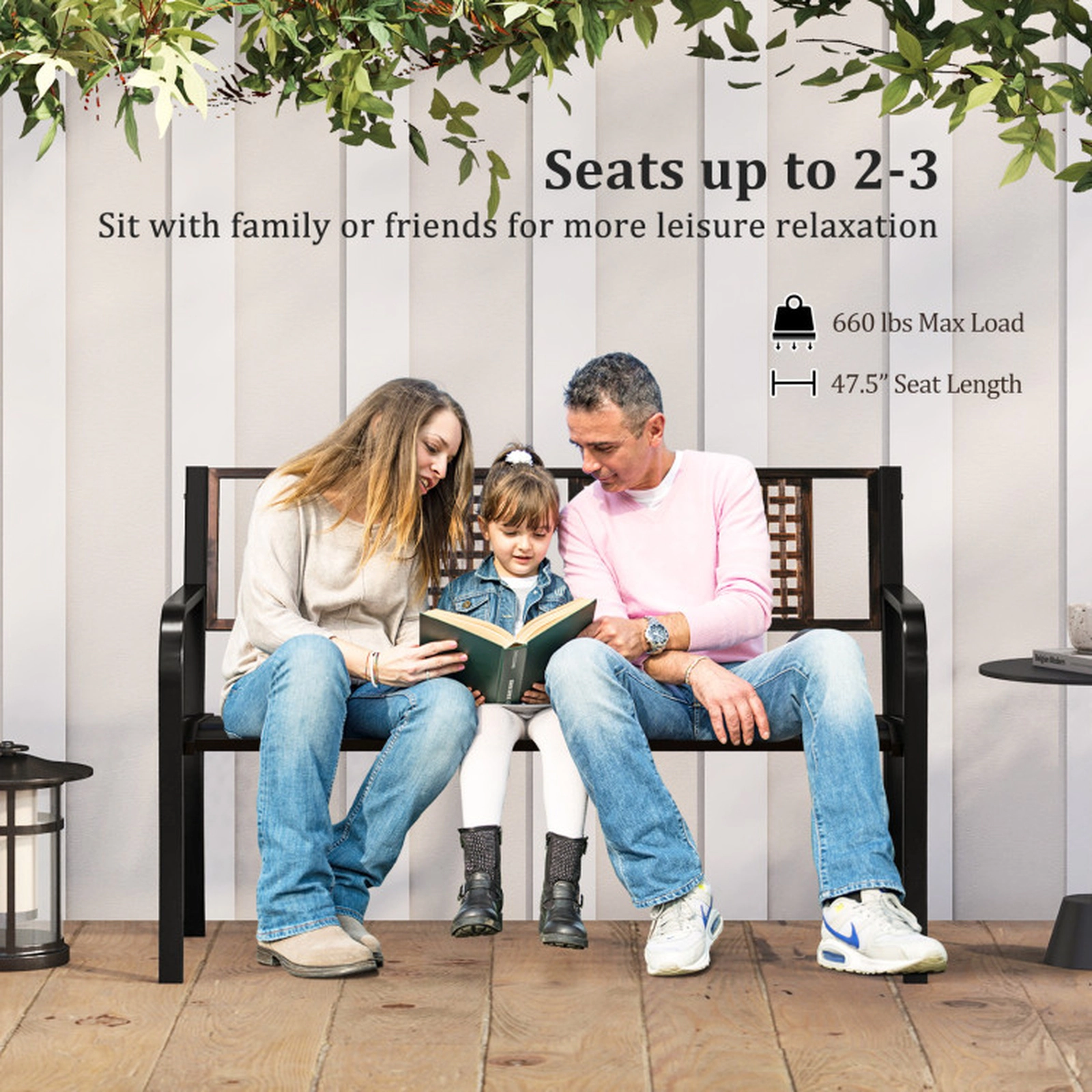 SUGIFT Black Rattan-Like Backrest for 2-3 People 50 Inch Outdoor Metal Garden Bench