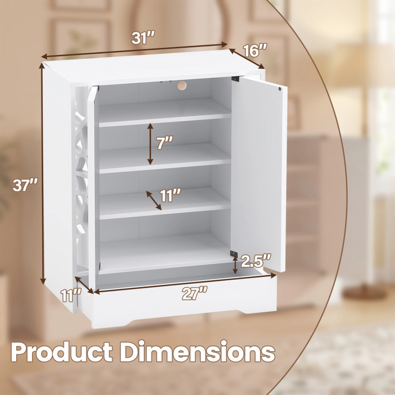 SUGIFT White Large Bottom Drawer and Anti-Tip Kits 4-Tier Mirrored Shoe Cabinet Shoe Organizer