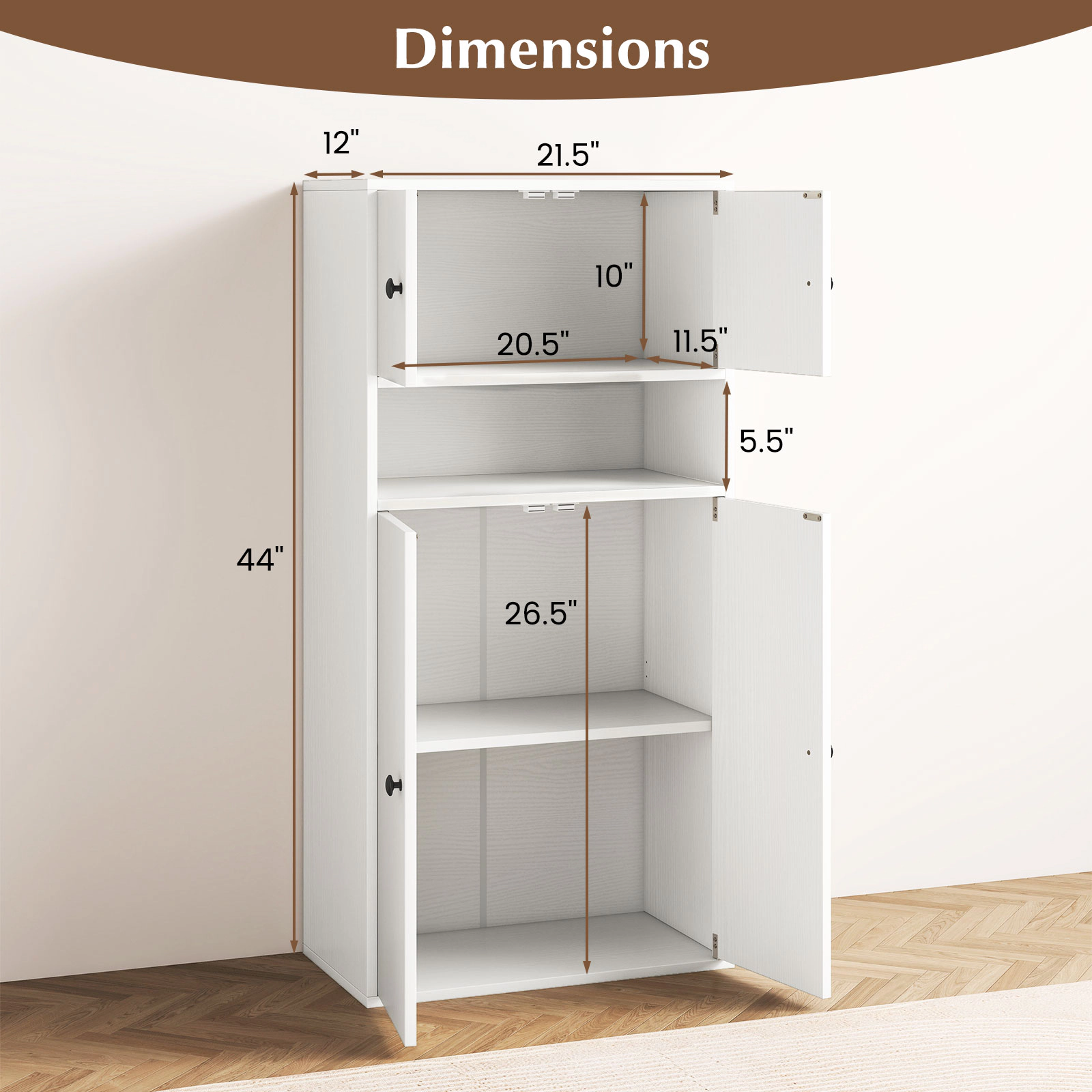 SUGIFT White 44 in Tall Bookshelf with Doors and 5-Position Adjustable Shelf