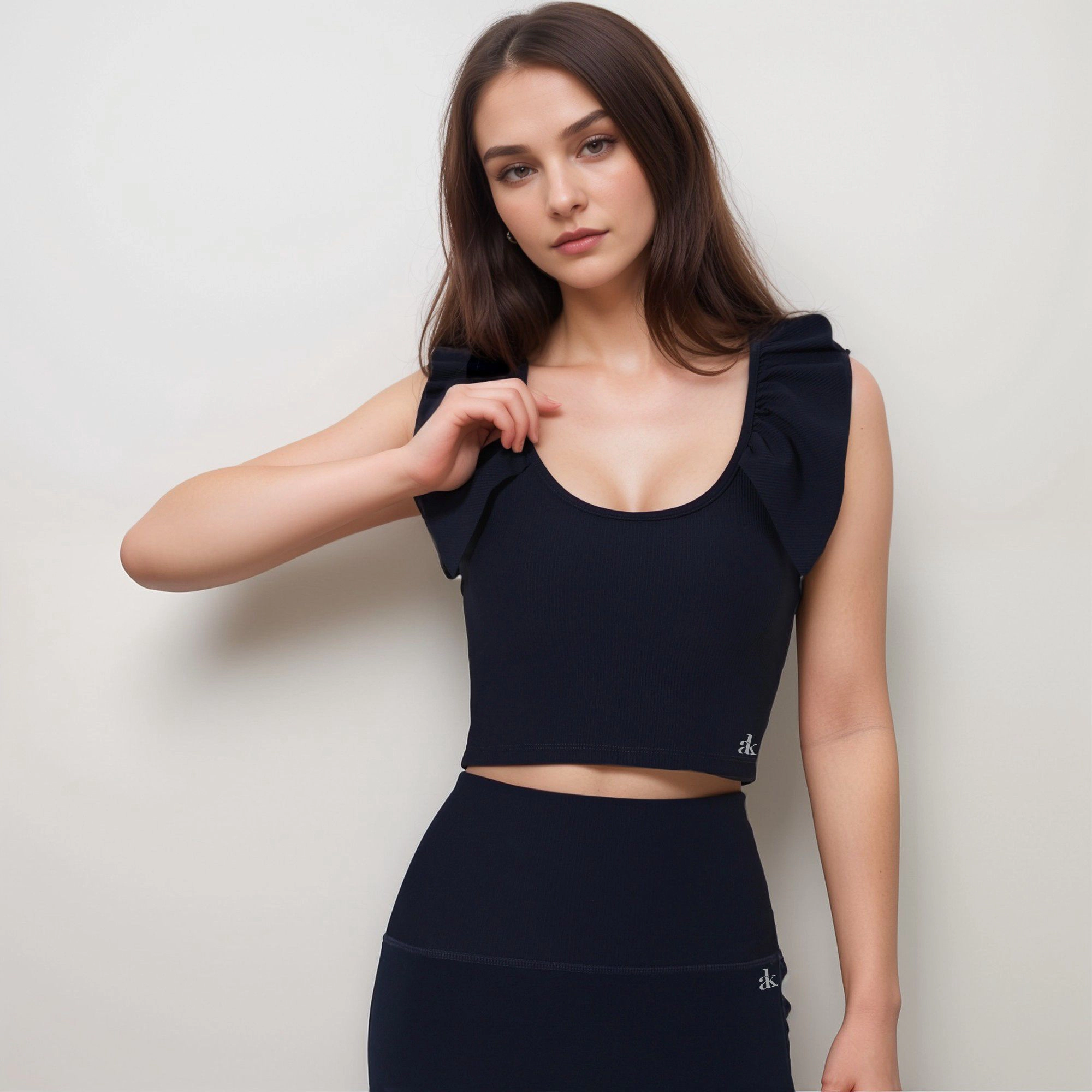 Anna-Kaci Women's Ribbed Scoop Neck Crop Top with Flutter Shoulder Details and Seamless Fitted Design
