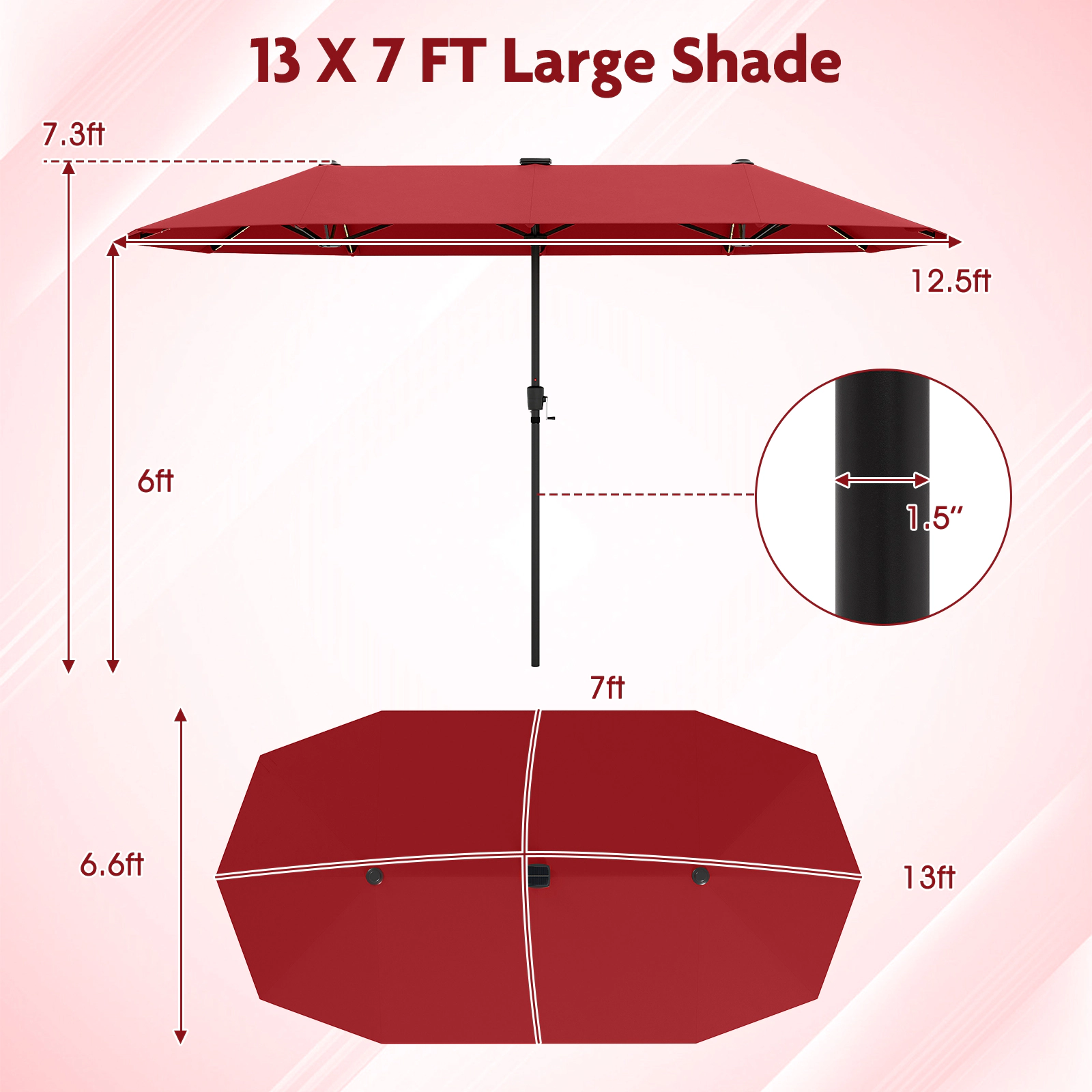 SUGIFT Red 108 Solar LED Lights and Crank Handle 13 FT Large Double-Sided Patio Umbrella