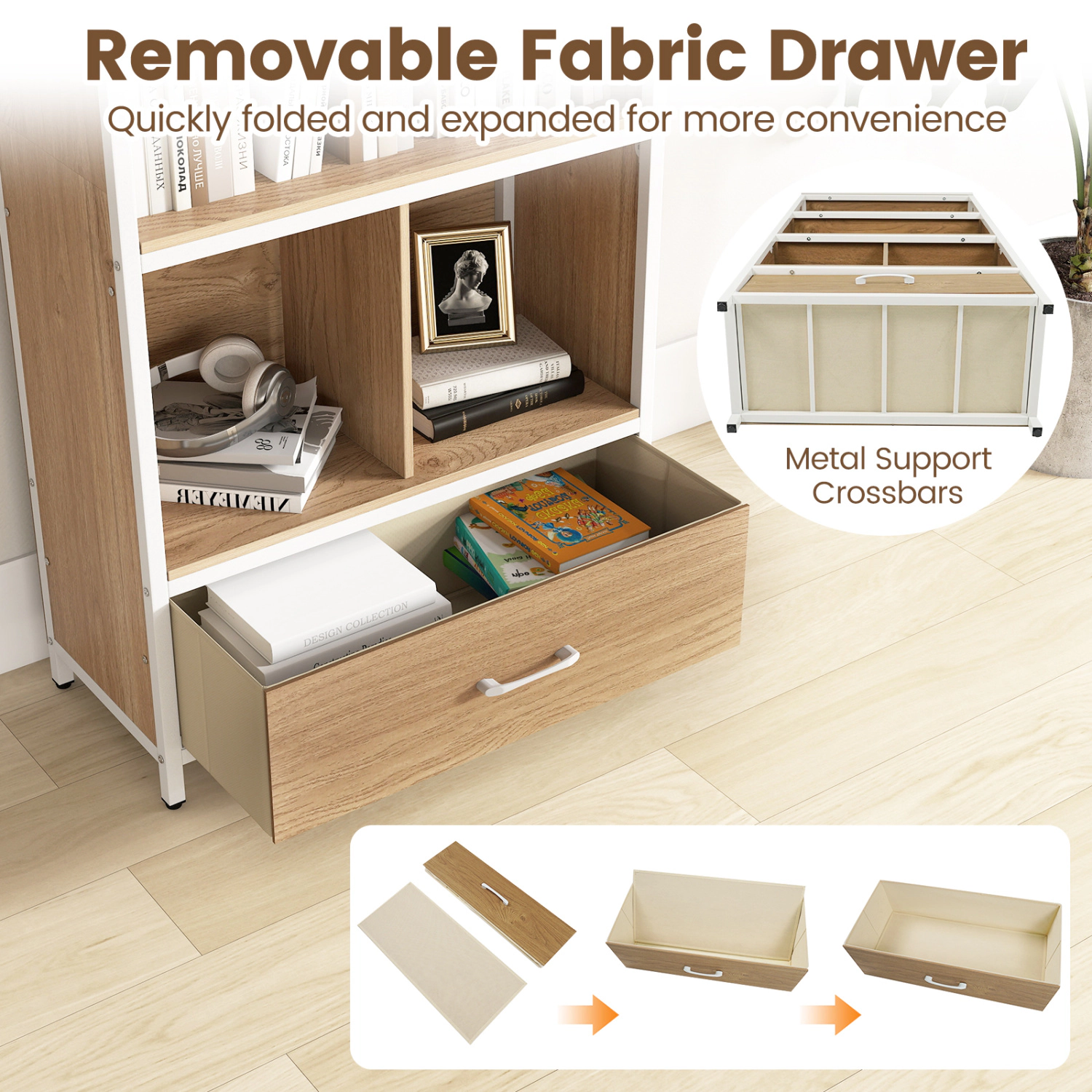 SlickBlue Tall Storage Bookcase with Fabric Drawer and Metal Frame