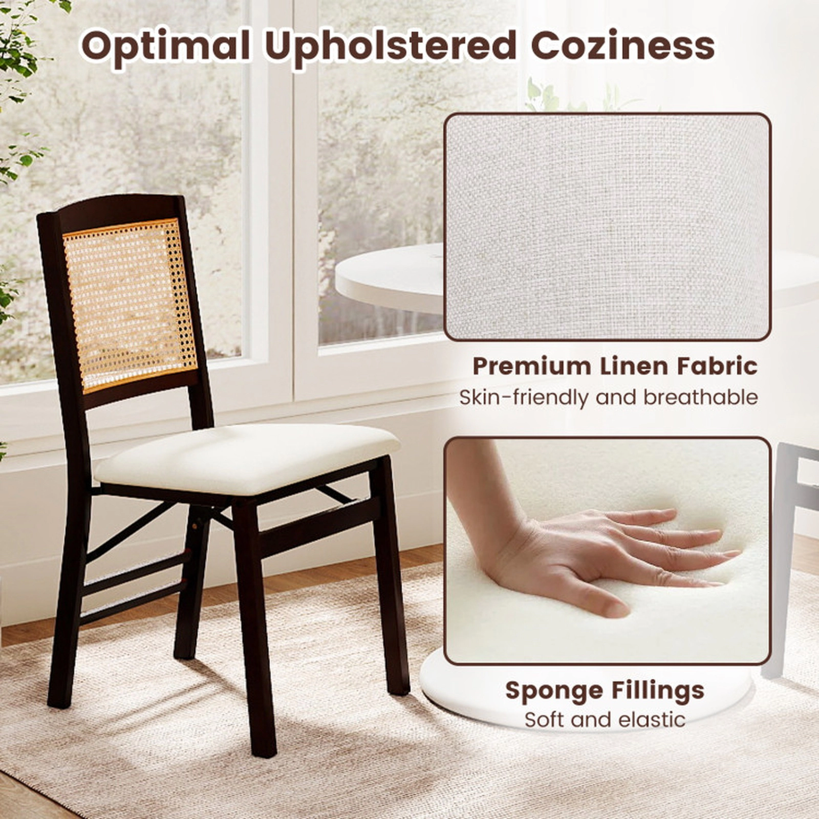 SUGIFT Coffee Folding Rubber Wood Rattan Back Linen Padded Seat Set of 4 Dining Chairs