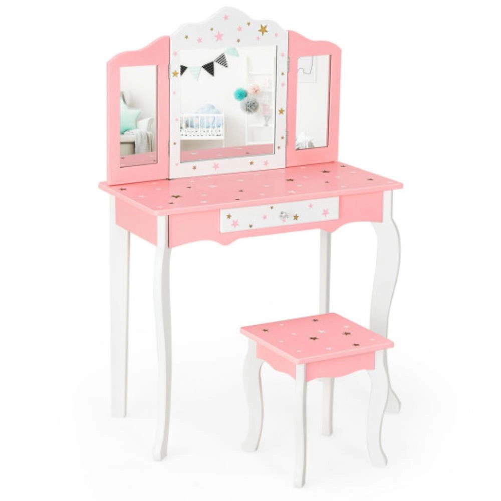 Hivvago Kids Princess Vanity Table And Stool Set With Tri-Folding Mirror Drawer
