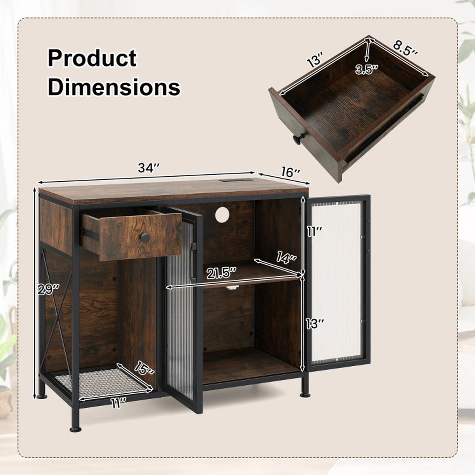 SUGIFT Power Outlets USB LED Light Glass Doors Buffet Sideboard 34-in x 16-in x 29-in 110-lb Capacity Rustic Brown