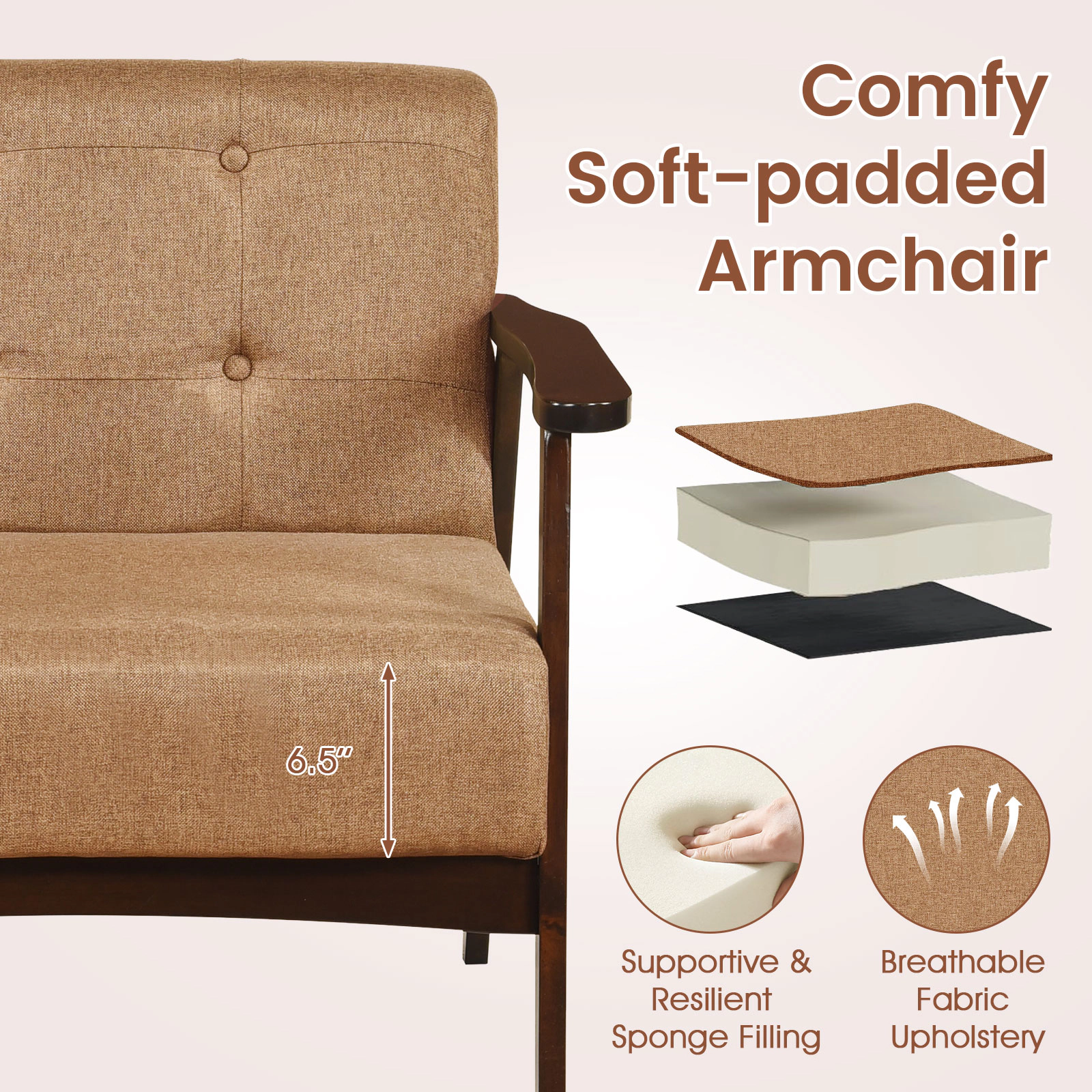 SUGIFT Rubber Wood Frame Accent Chair with Armrest 23-in Seat Depth 330-lb Capacity 1-Piece Beige
