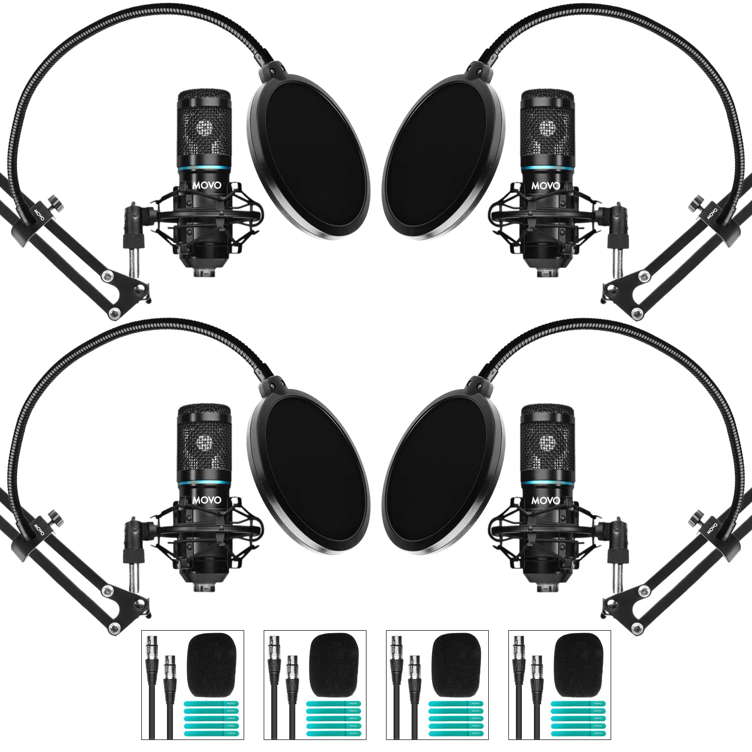 Movo 4-Pack Universal Cardioid Podcasting Microphone Bundle with Articulating Scissor Arm and Pop Filter with XLR Output