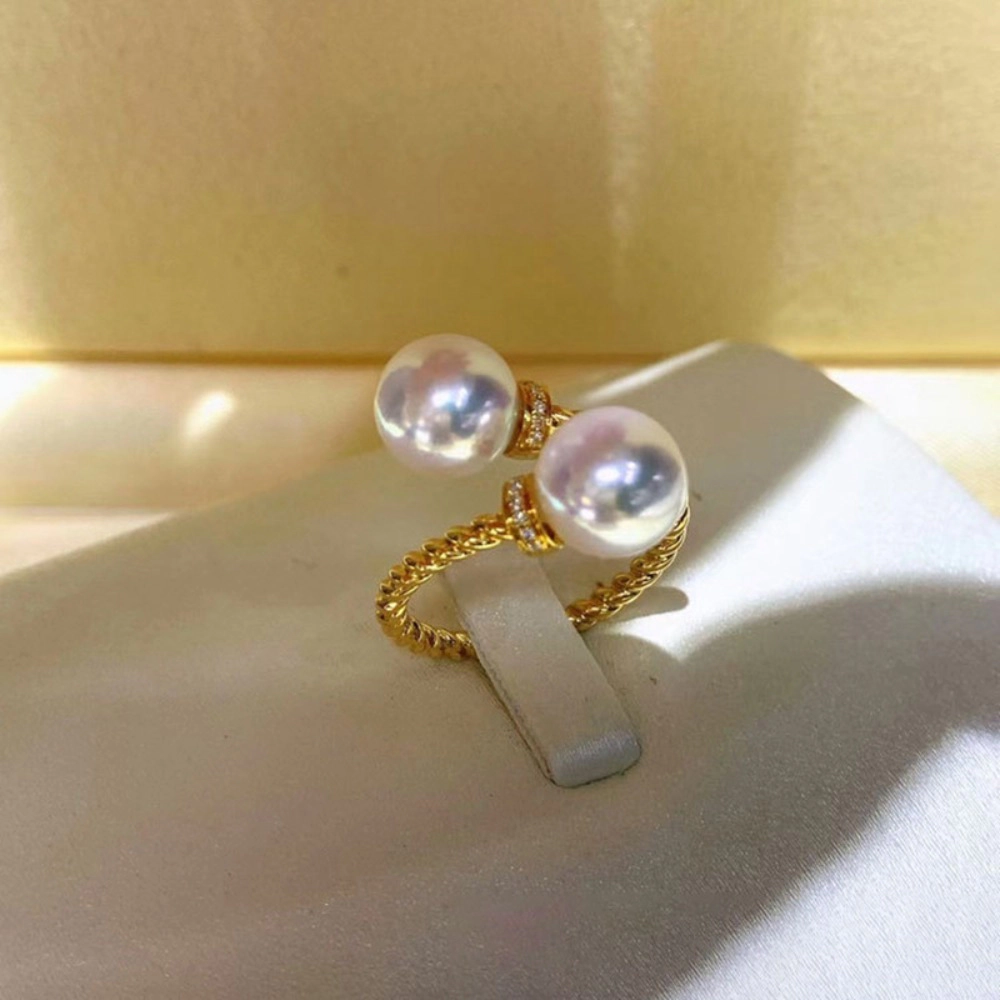 Wardrobe Whimsy Two Pearl Open Twist Band Ring with Cubic Zirconia for Women