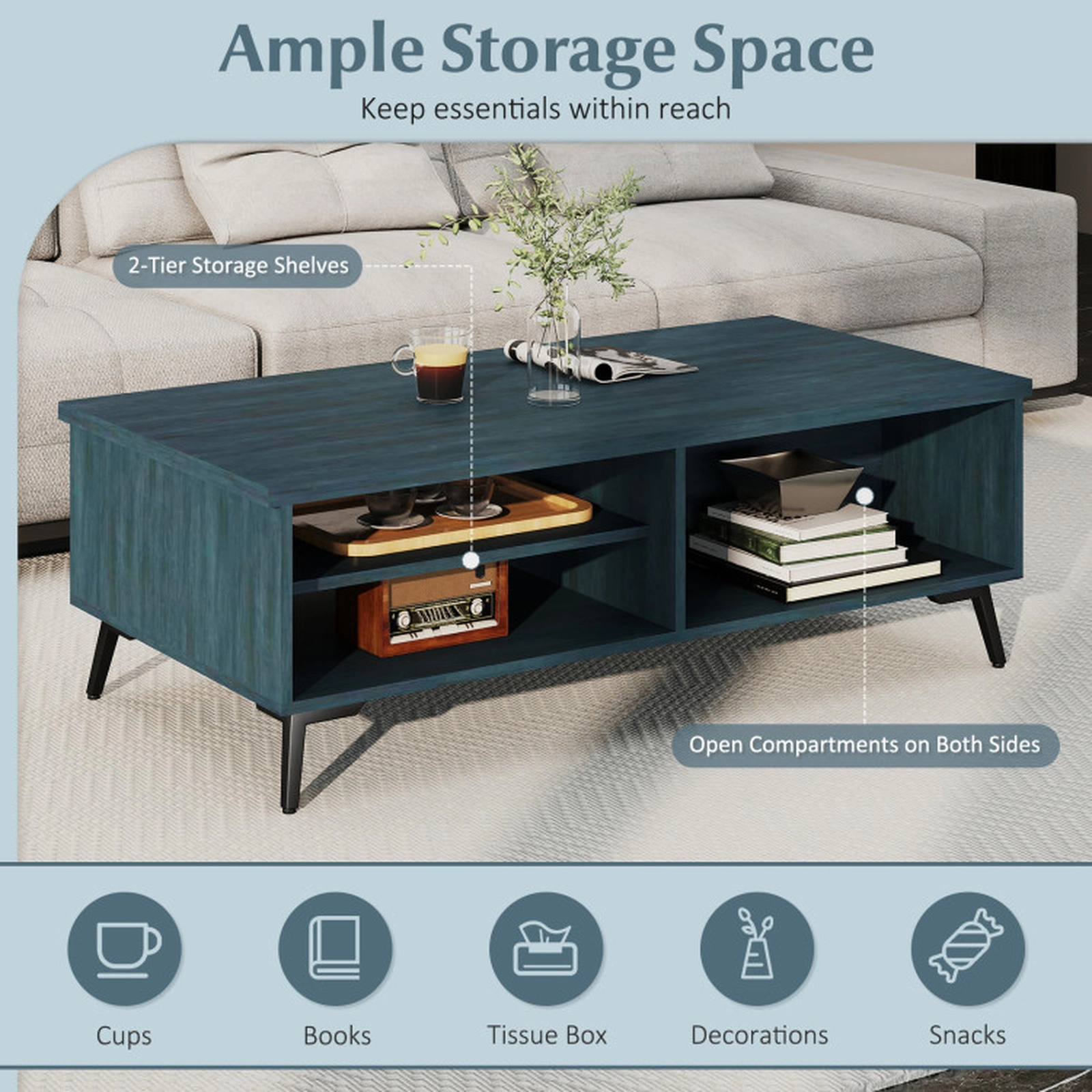 SUGIFT 2-Tier Mid Century Modern Coffee Table with Storage Shelves and Compartments 176-lb Tabletop Capacity Walnut/Blue