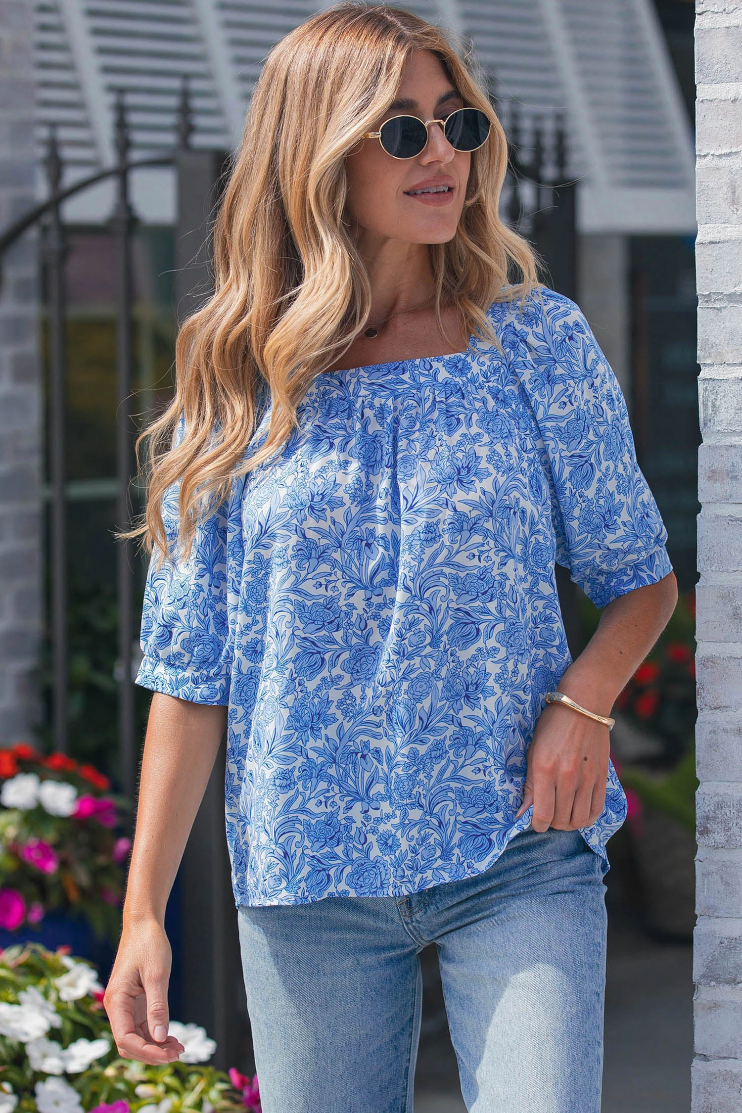 Threaded Pear Womens Lyanna Pleated Square-Neck Floral Blouse - Sky Blue