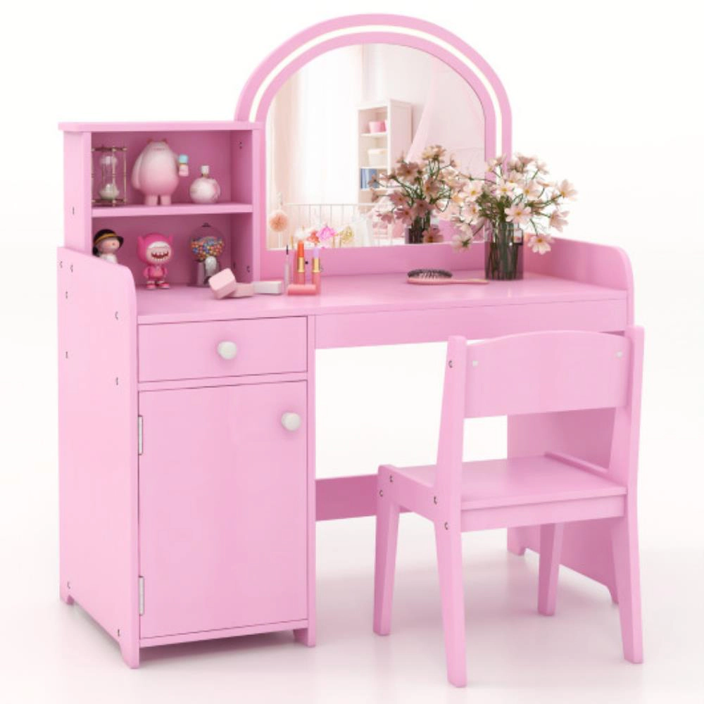 Hivvago Kids Vanity Table And Chair Set With Shelves Drawer Cabinet