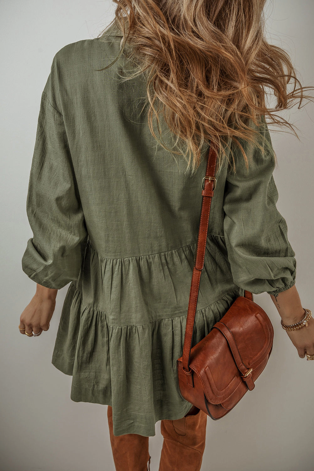 Threaded Pear Women's Ariana Puff Sleeve Buttoned Tiered Dress