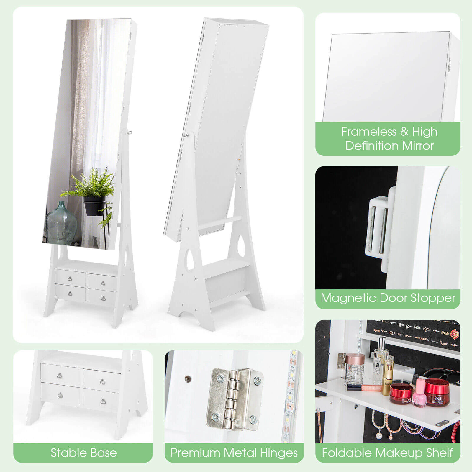 Glintex 6-Drawer LED Jewelry Armoire with Drop-Down Makeup Shelf and Triangular Feet, White