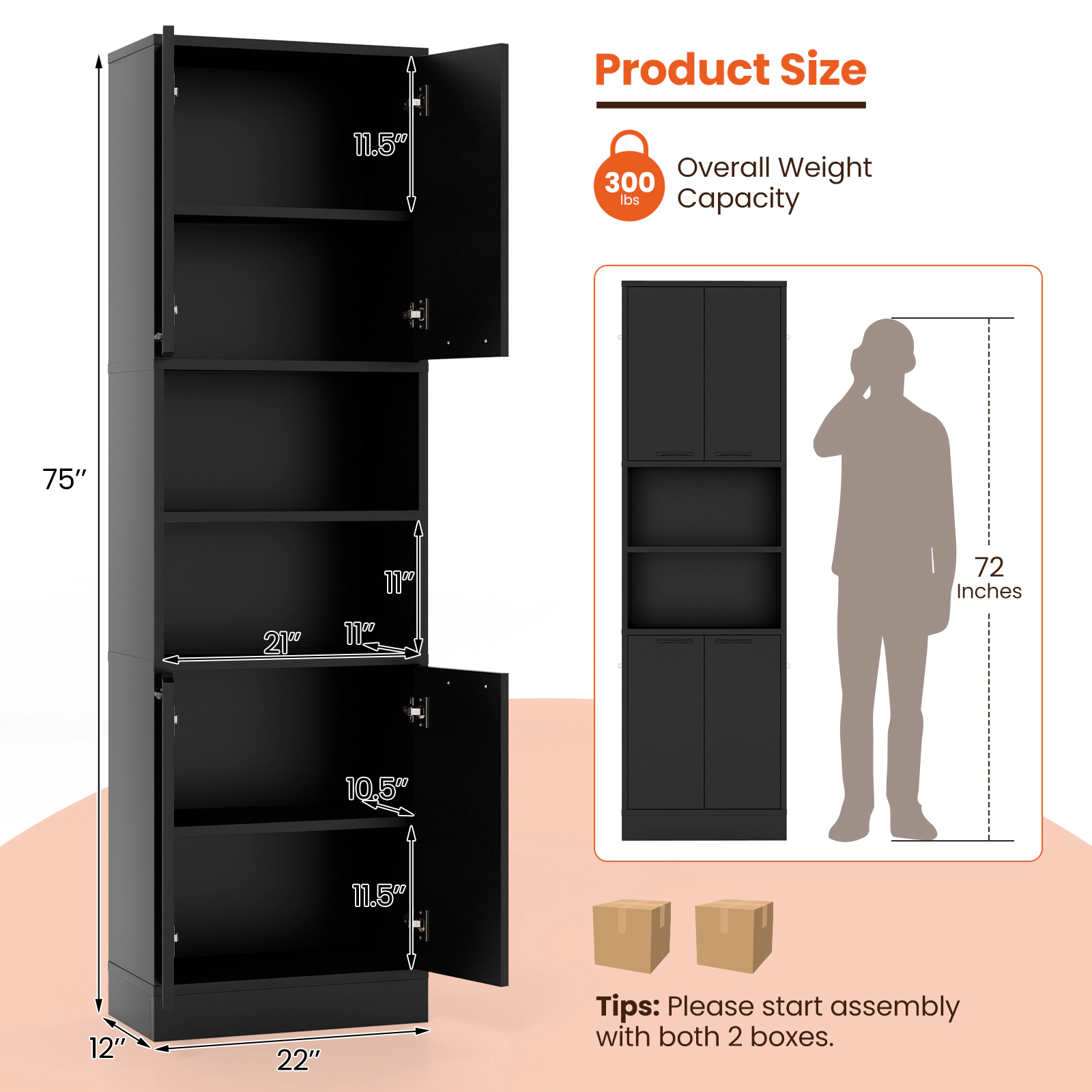 Glintex 75-Inch Tall Pantry Cabinet with 4 Doors and 2 Open Shelves