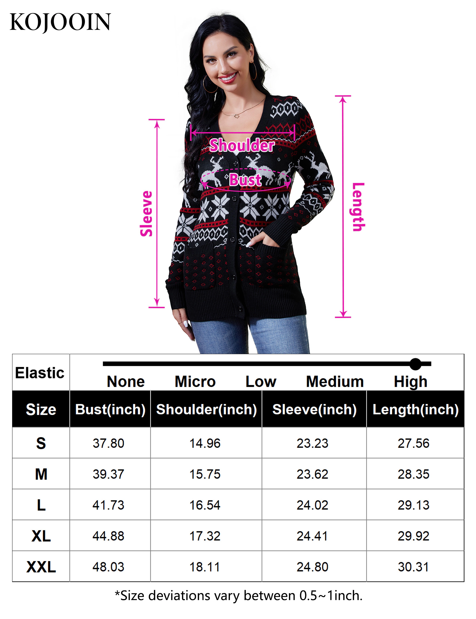 KOJOOIN Women's Cardigan V-Neck Knit Sweater with Snowflake Reindeer Pattern Casual Holiday Top
