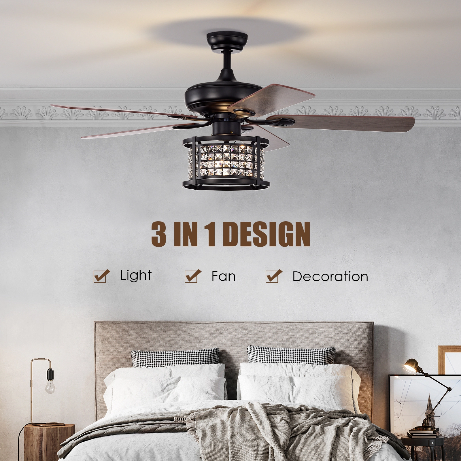 SUGIFT Crystal Ceiling Fan Light 3-Speed 52-in with Remote Control Black