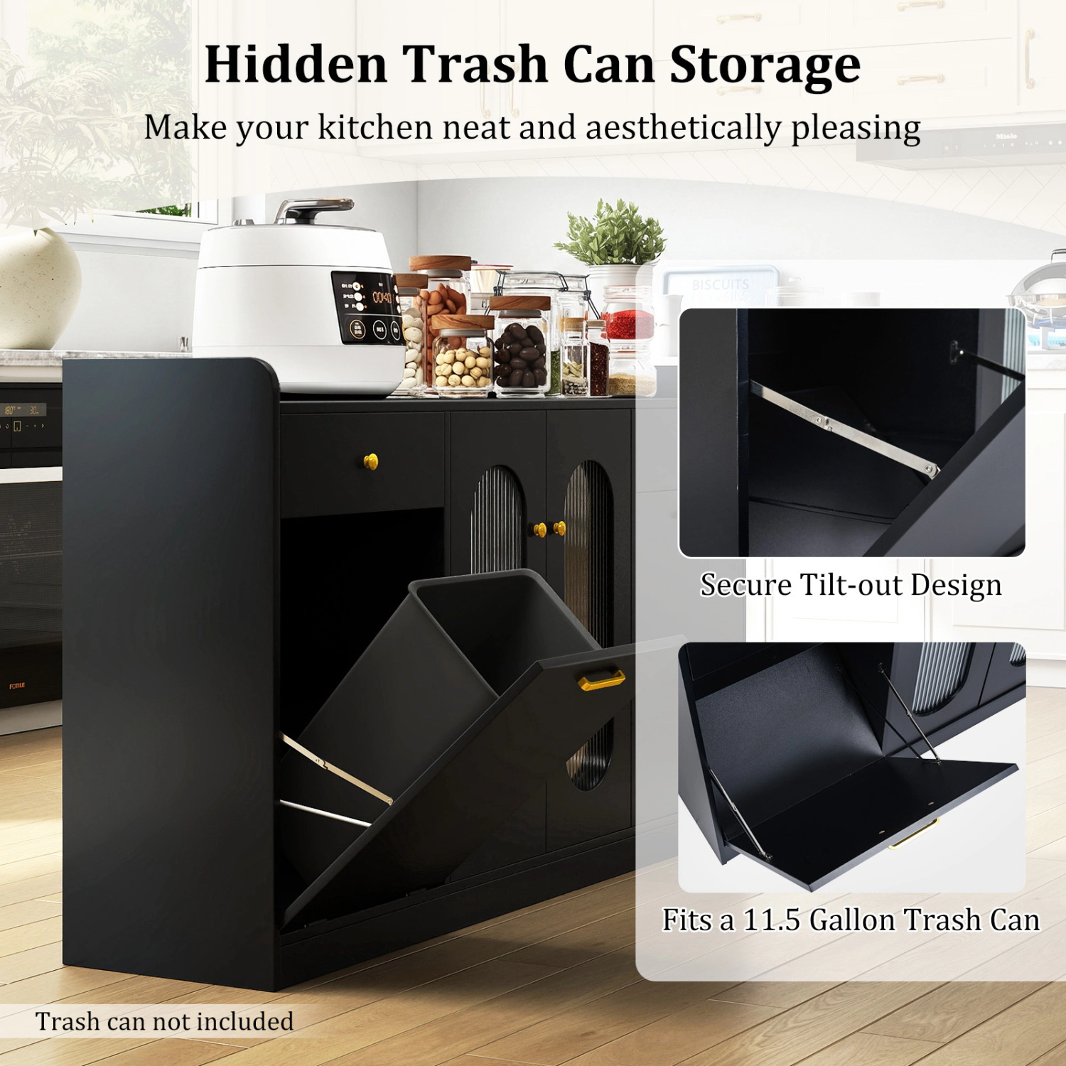 Glintex 55-Inch Buffet Cabinet with Hidden Trash Bin and Fluted Glass Doors
