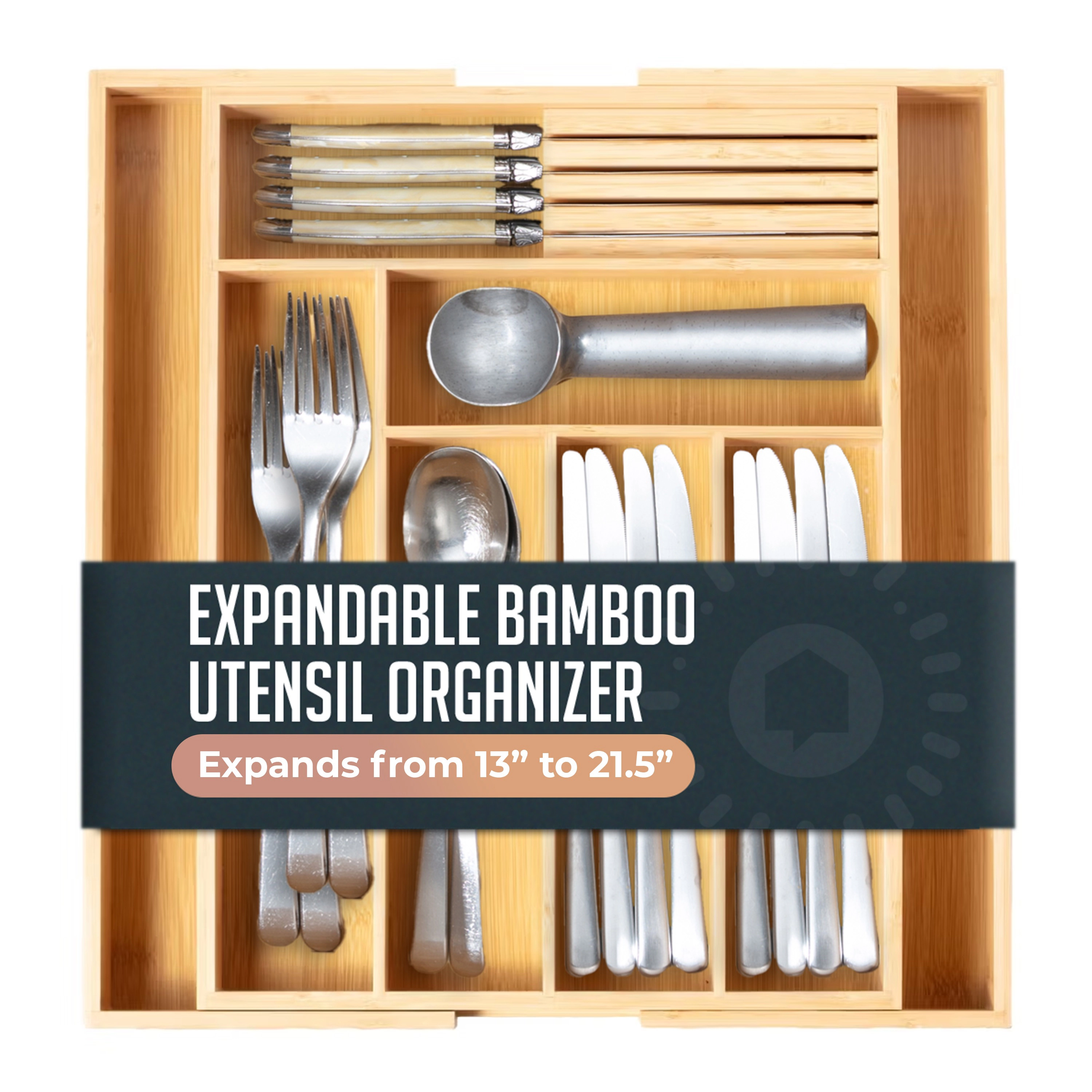 Luminuxe Expandable Bamboo Utensil Drawer Organizer, Wooden Utensil Tray, Non-Slip, Cutlery Divider for Kitchen