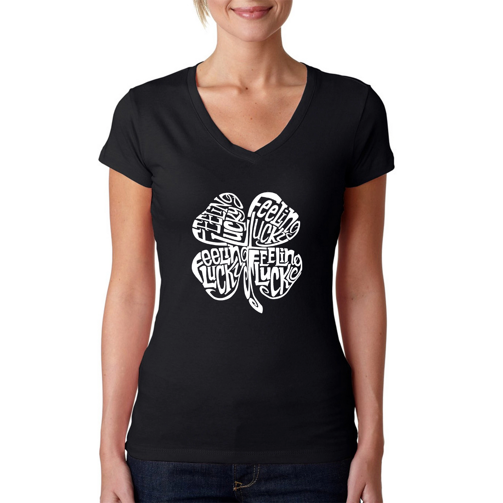 LA Pop Art Womens Word V-Neck T-Shirt - Feeling Lucky