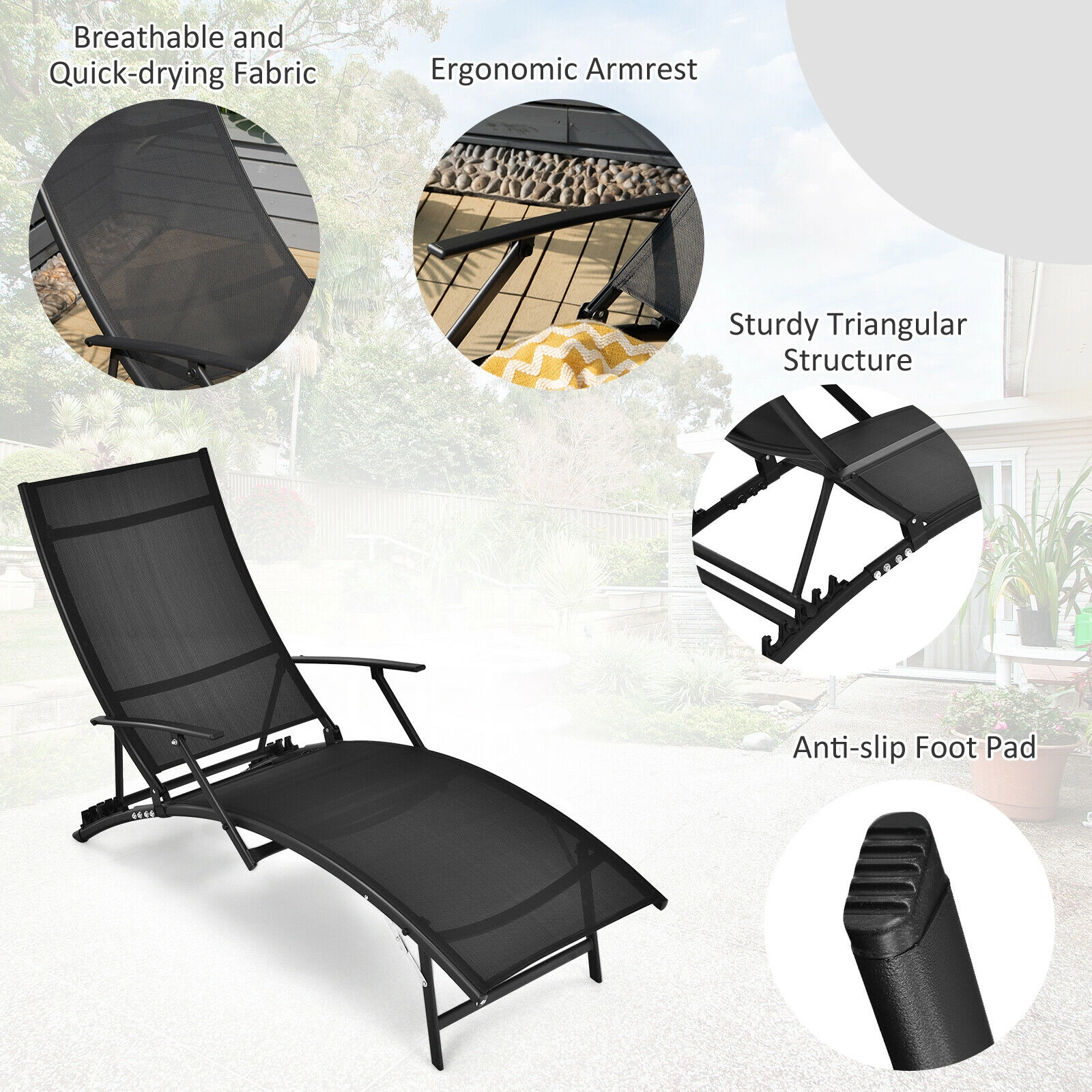 Hivvago 2 Pieces Patio Folding Stackable Lounge Chair Chaise with Armrest