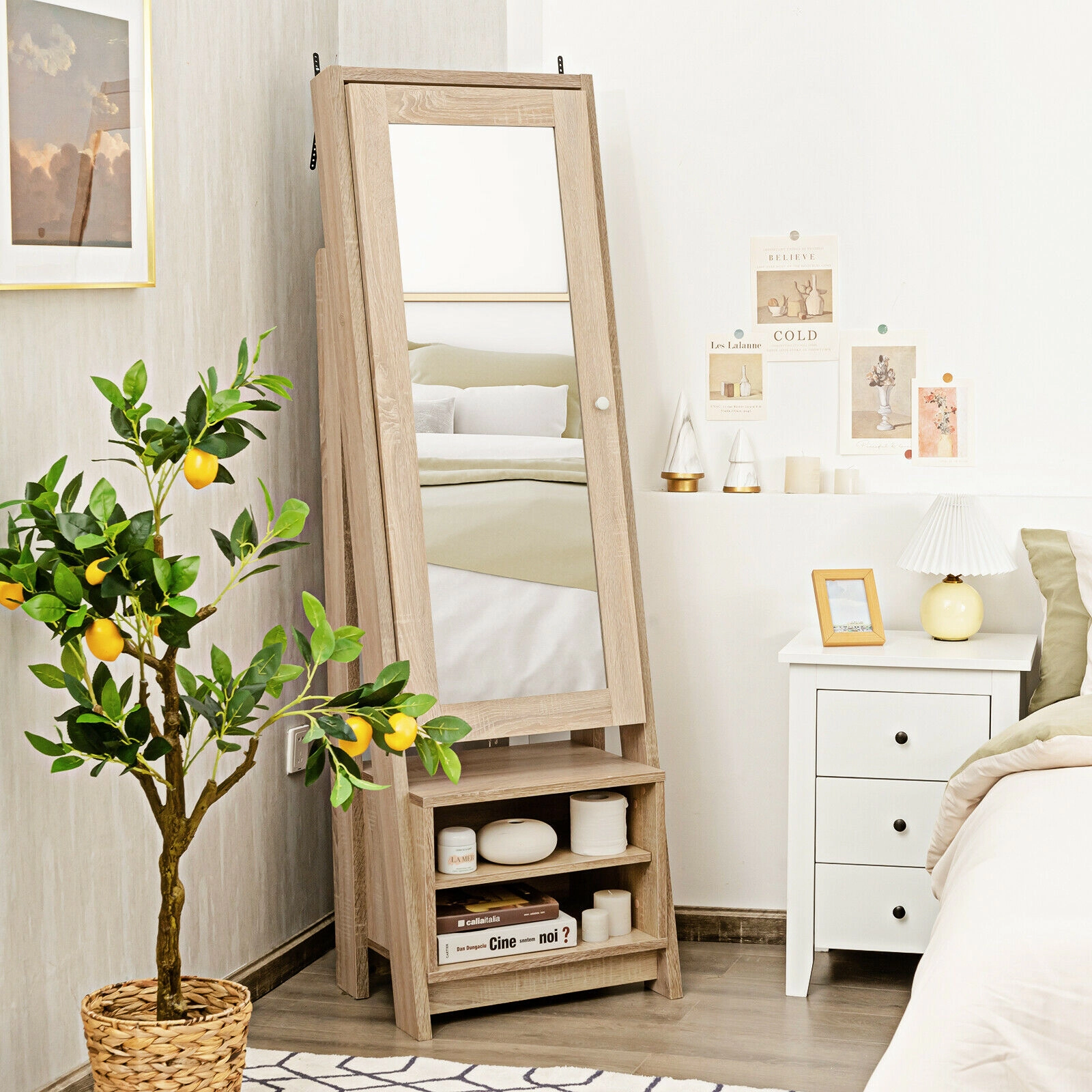 Slickblue 68 Inch Freestanding Jewelry Cabinet with Full-Length Mirror and Storage Shelves