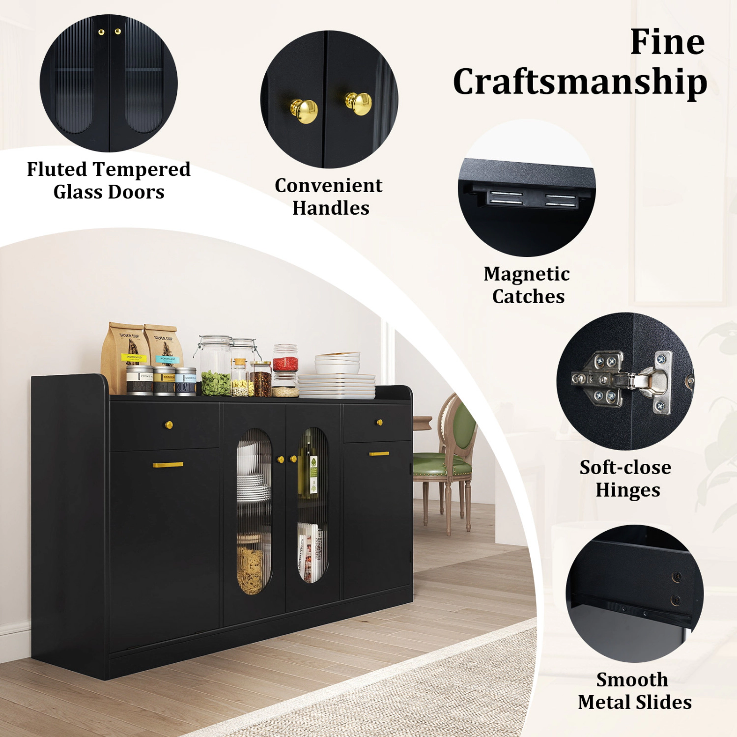Glintex 55-Inch Buffet Cabinet with Hidden Trash Bin and Fluted Glass Doors