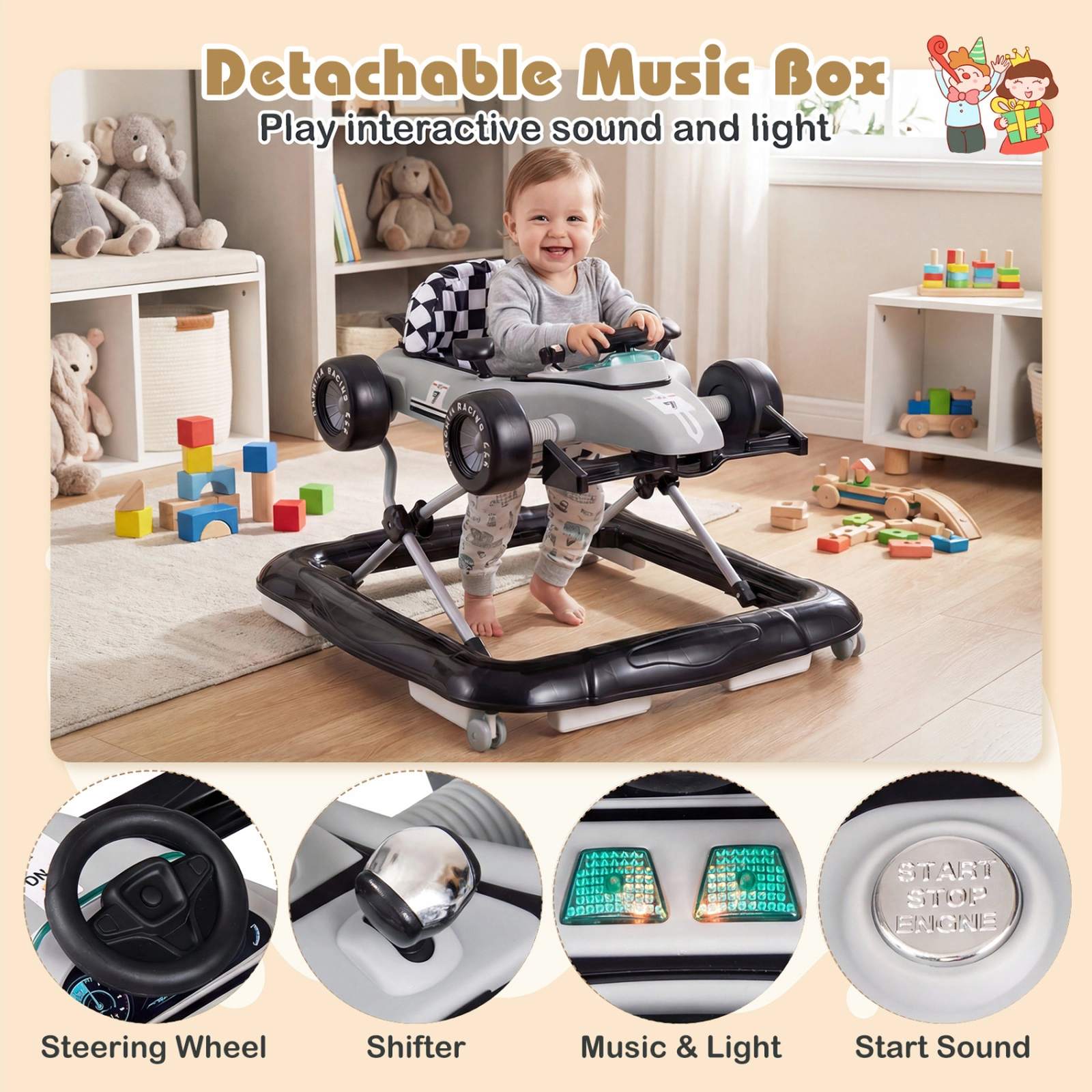 SUGIFT Gray Adjustable Height and Music Box 4-in-1 Baby Push Walker Activity Center