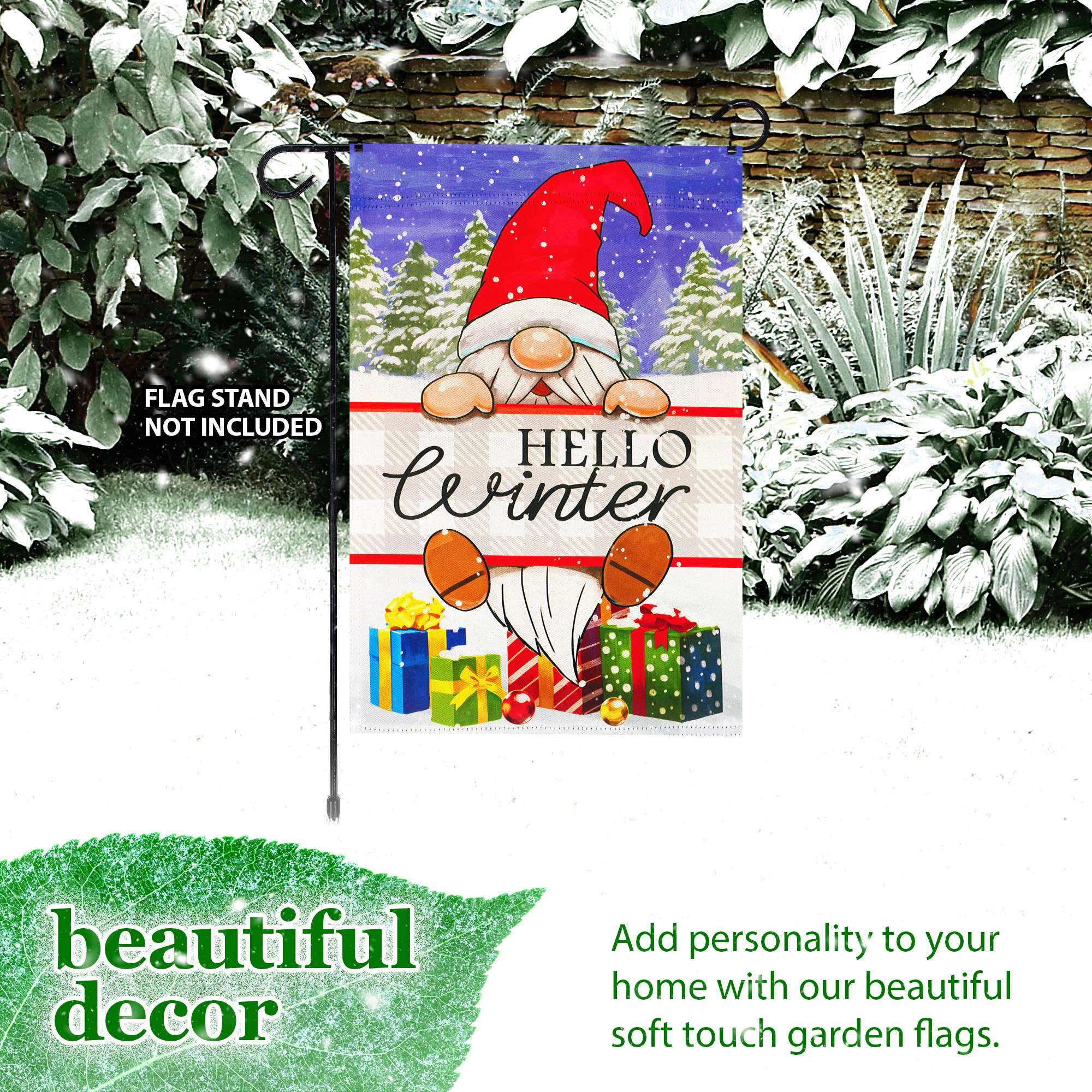 G128 Hello Winter Gnome Garden Flag 12x18 in Double-Sided Outdoor Lawn Decoration