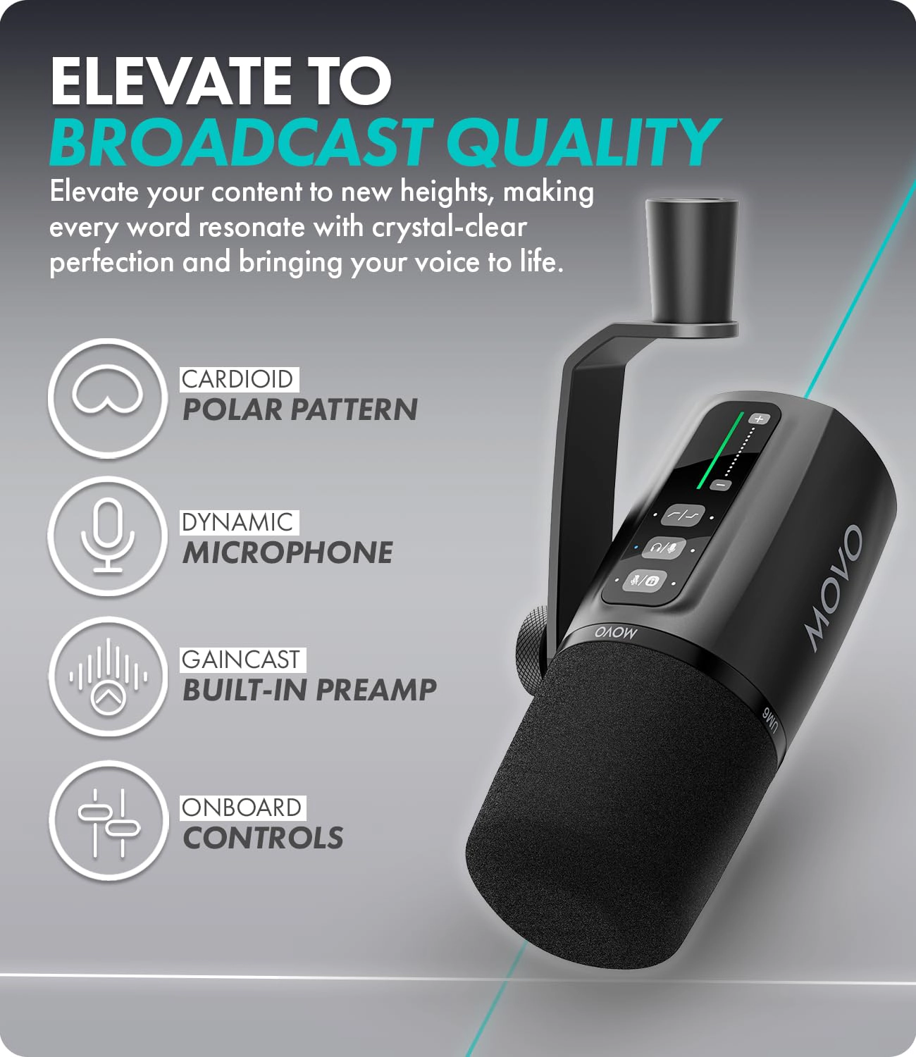Movo UM6 Dynamic Podcast Microphone with Built-in GainCast Preamp - XLR and USB C Outputs