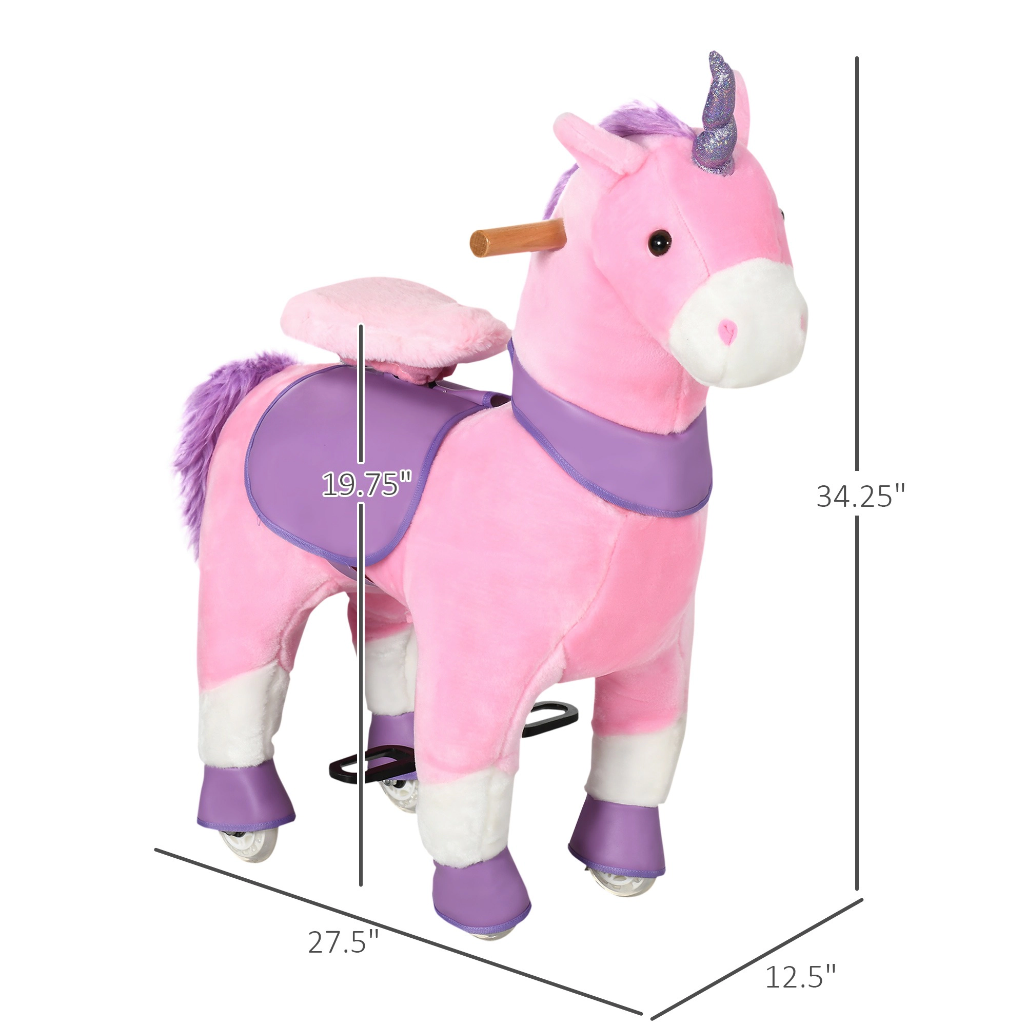 HONGGE Pink Plush Ride-On Unicorn Toy with Sparkly Horn, Padded Seat and Pedal Wheels for Kids Ages 3-6