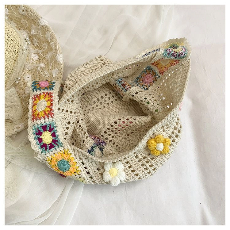 Alilang Women's Crochet Shoulder Bag with Daisy Applique and Wide Strap