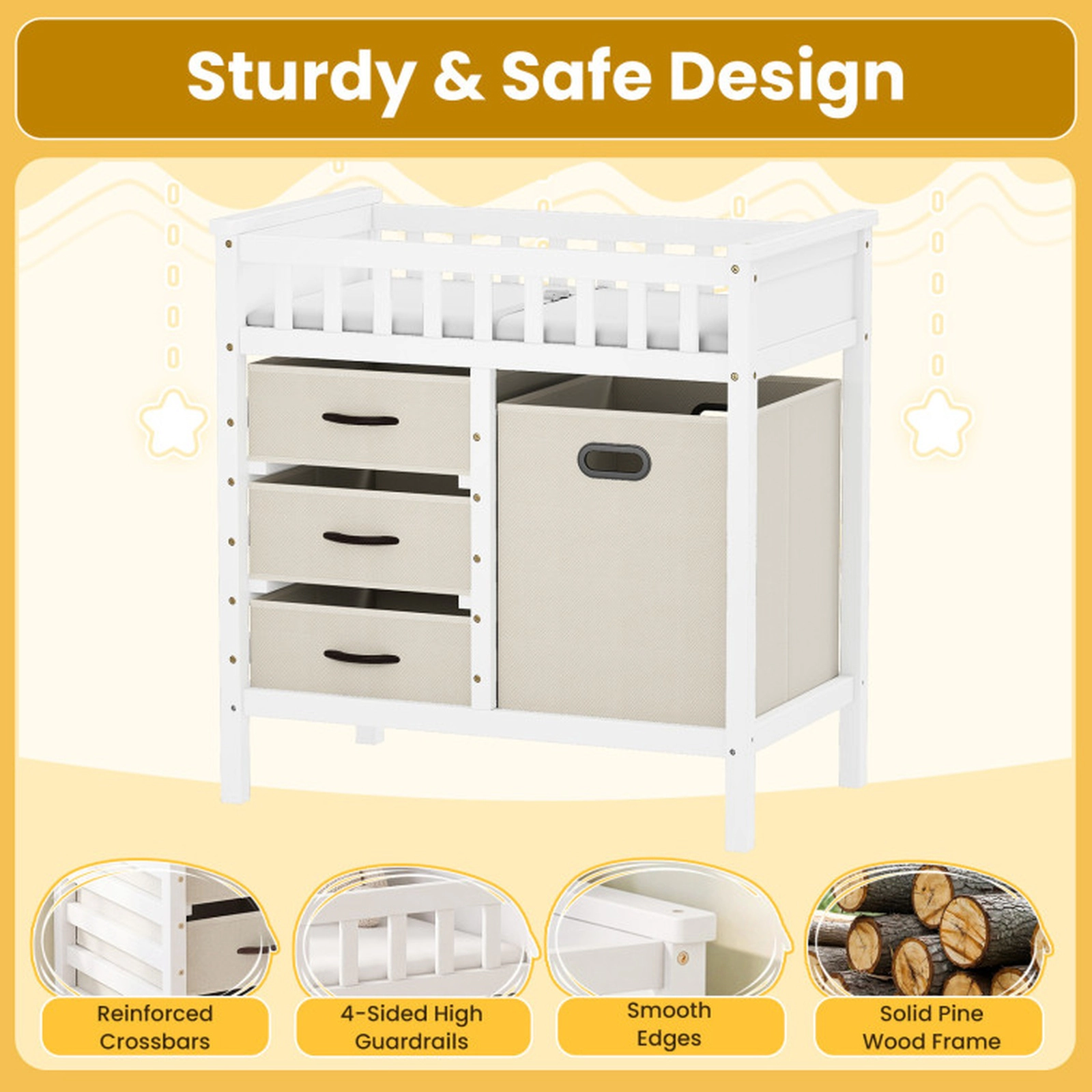 SUGIFT Wooden Baby Changing Table with 3 Fabric Bins and Hamper
