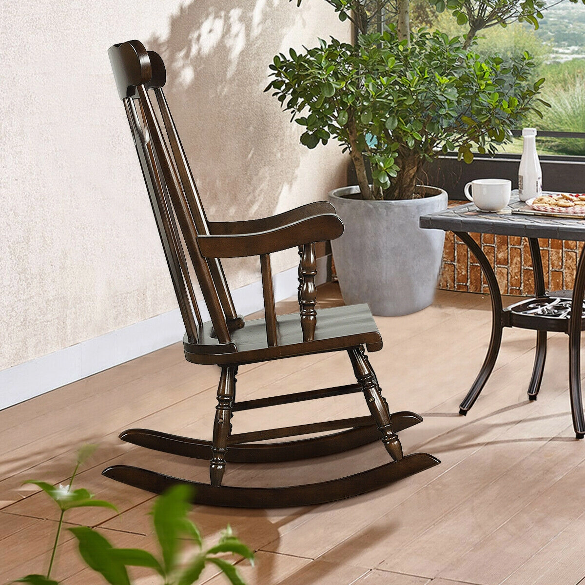 SUGIFT 300-lb Capacity Brown Solid Rubber Wood Indoor Outdoor Rocking Chair with Slatted Back and Curved Armrests