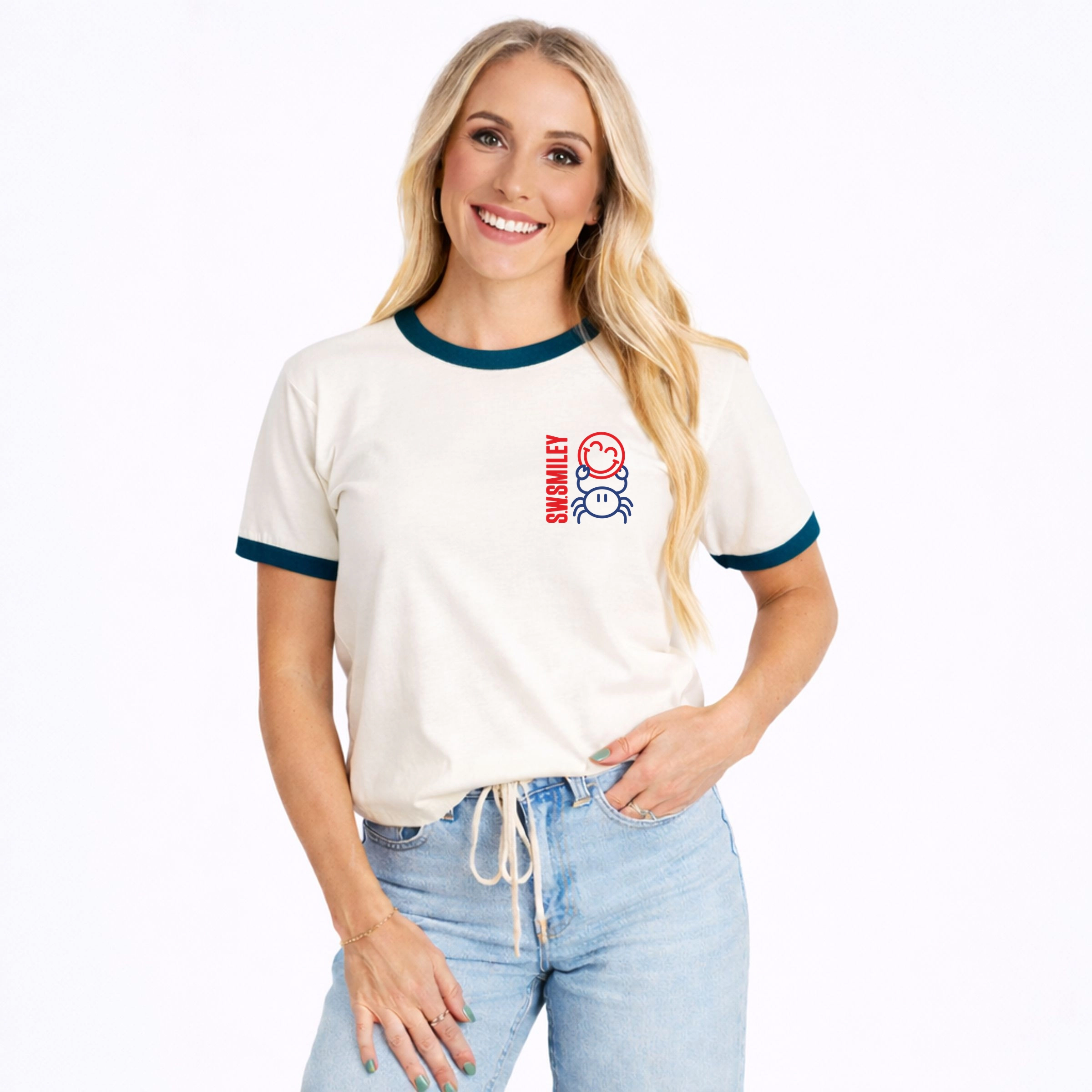 Simply Sage Market - Women's Ringer Graphic T-Shirt S.W.Smiley Crab Smiley