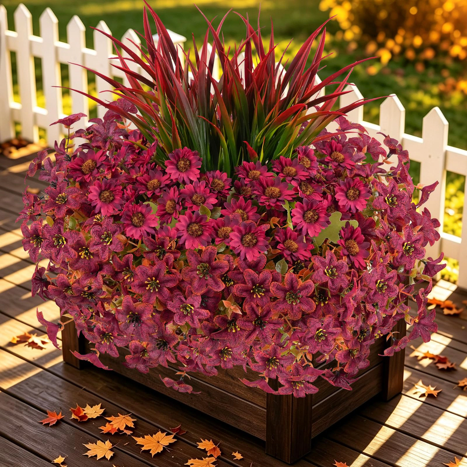 PUPWE 18 Artificial Fall Flowers For Outdoors  Faux Mums With Grass