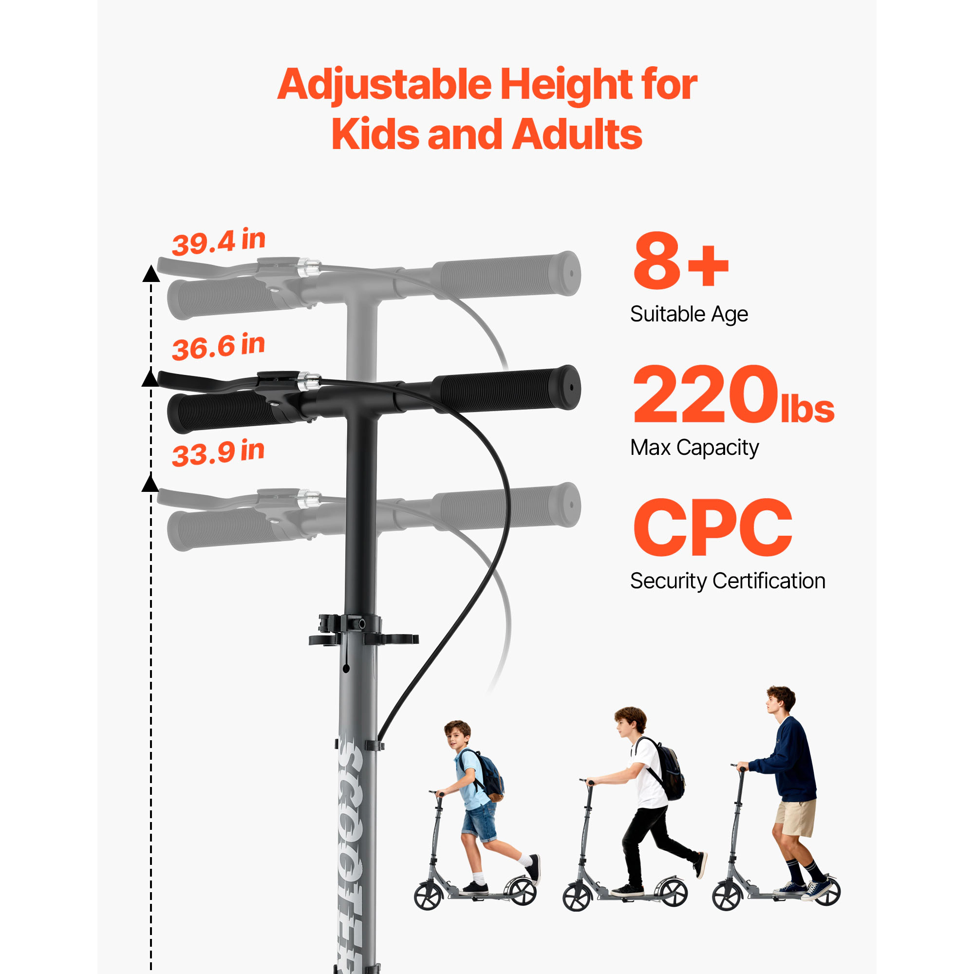 HONGGE Kids Kick Scooter for Ages 8+, Teens & Adults, Foldable Aluminum Alloy Frame, Adjustable Handlebar