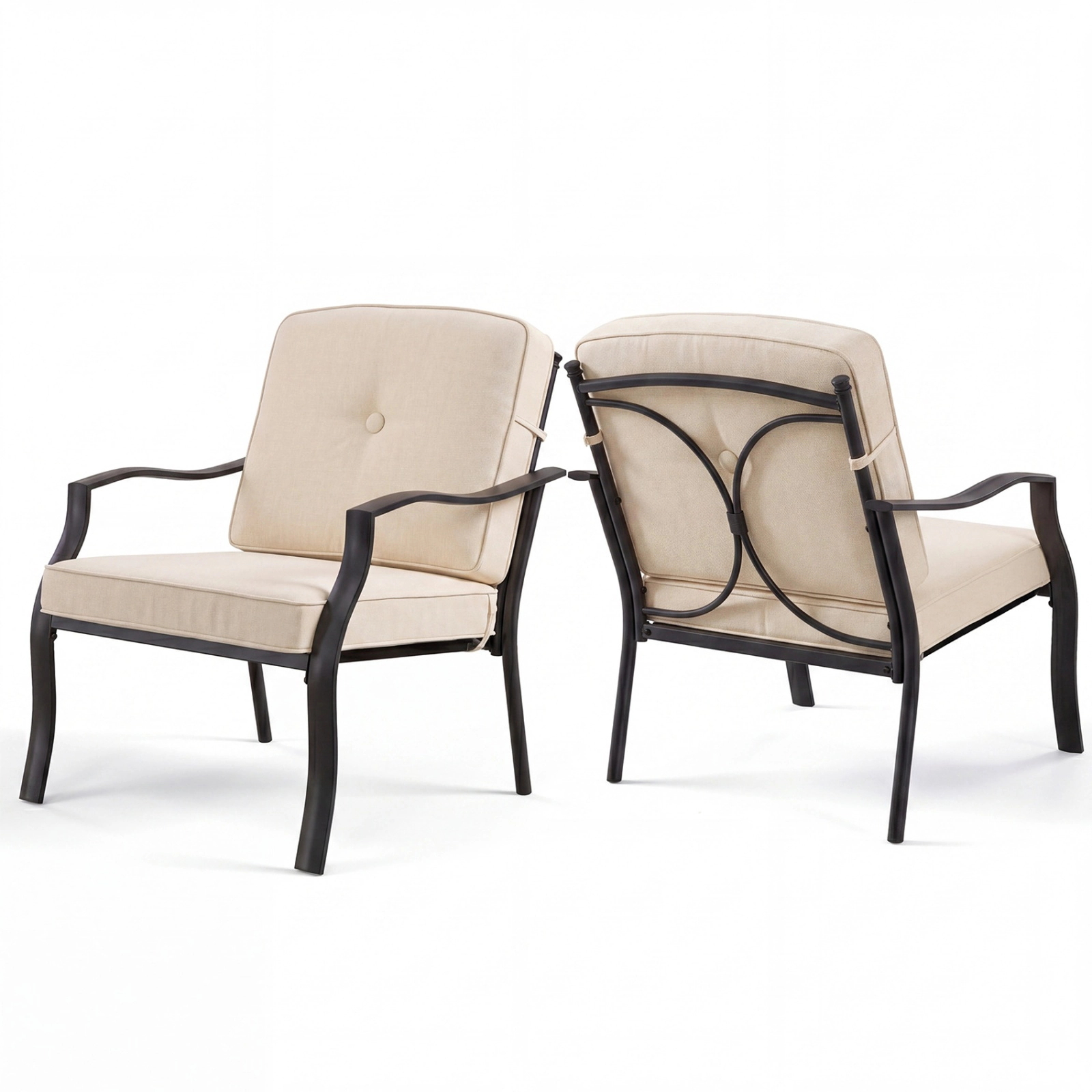 SUGIFT 2-Piece Patio Metal Chairs with Seat and Back Cushions 330-lb Capacity Black Frame Gray Cushions Beige