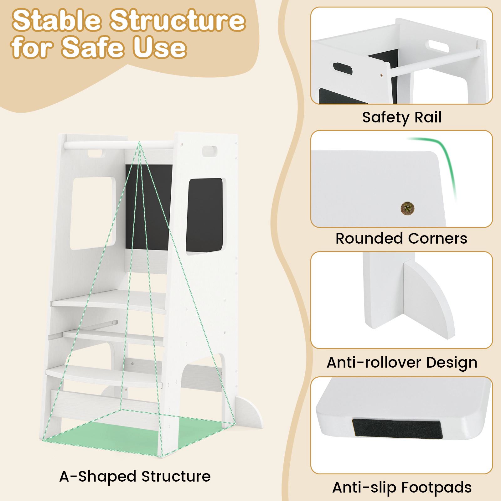 SUGIFT Toddler Kitchen Step Stool with Activity Chalkboard and Adjustable Height 132-lb Capacity Ages 3+ Natural/White