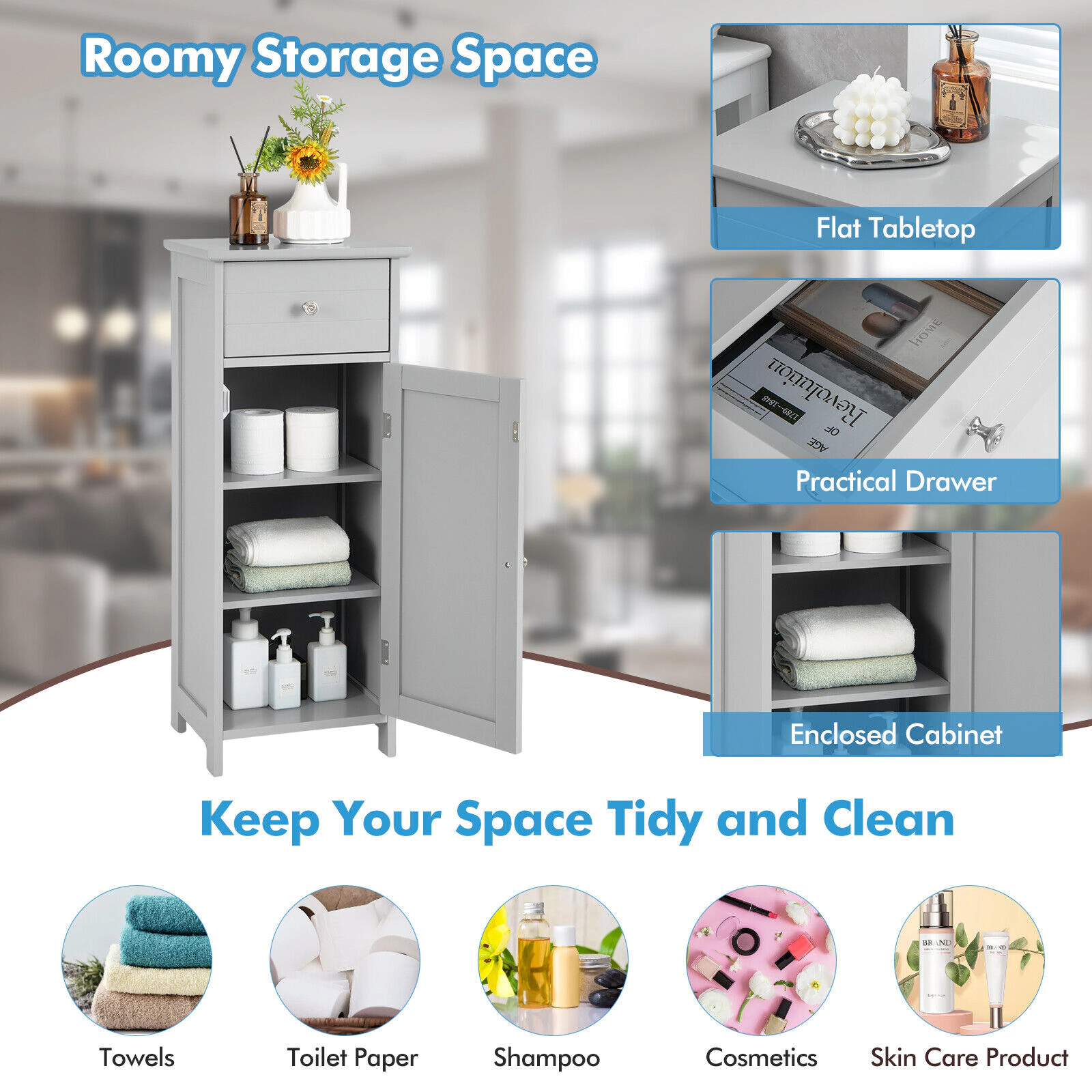 Glintex Wooden Bathroom Cabinet with Drawer 2 Shelves and Anti-Slip Foot Pads