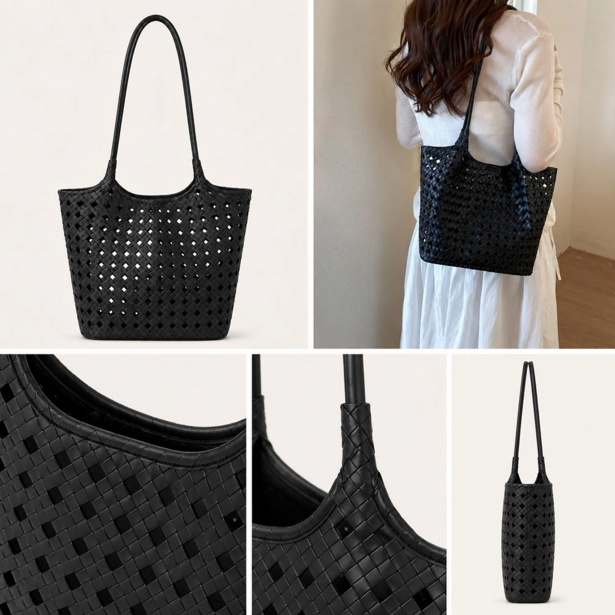 Alilang Women's Woven Shoulder Bag with Cutout Design Soft Faux Leather Feel Tote and Inner Pouch